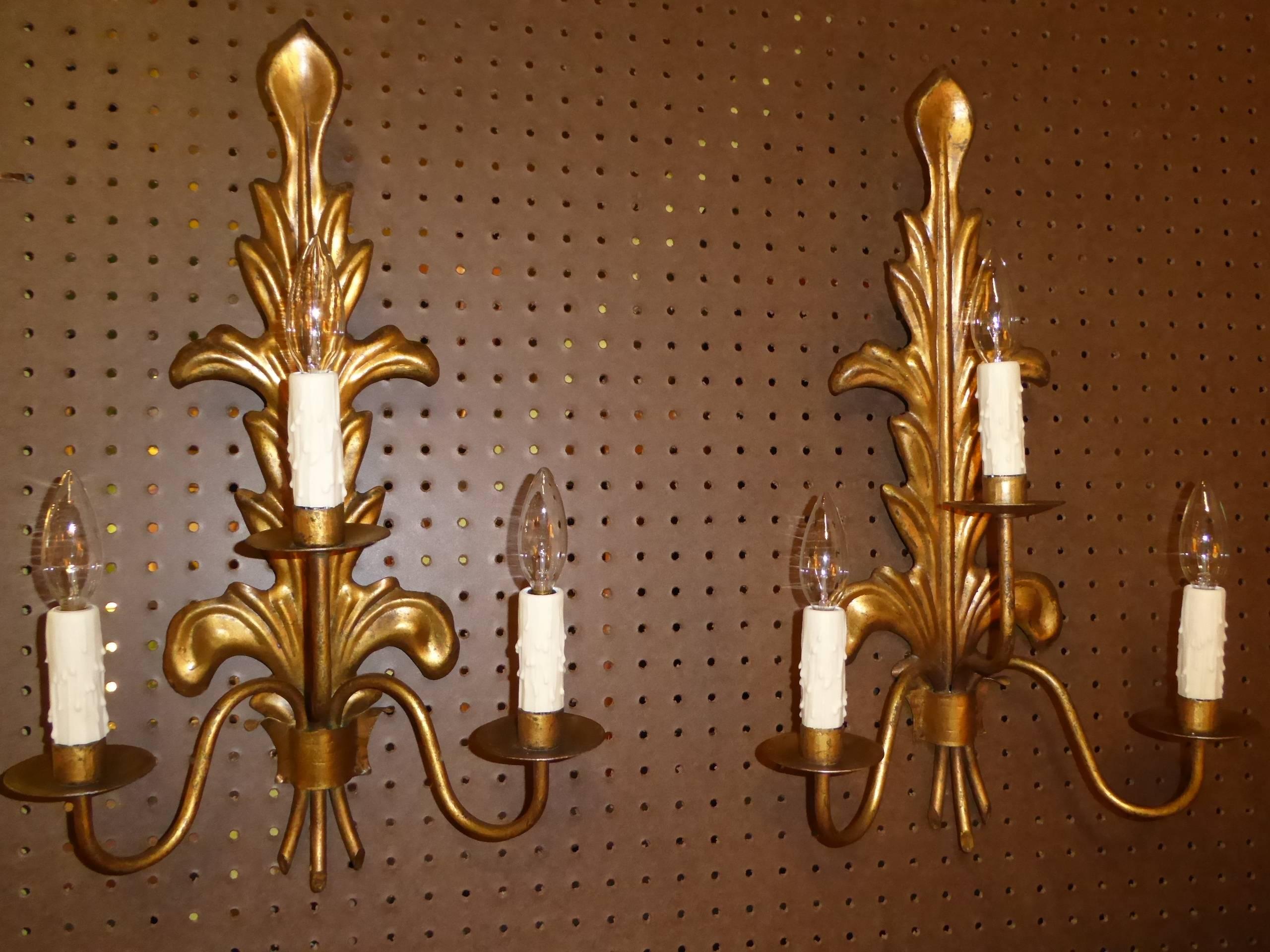 Modern Pair of Acanthus Leaf Gilt Metal Three-Candle Sconces 1950s In Good Condition For Sale In Miami, FL