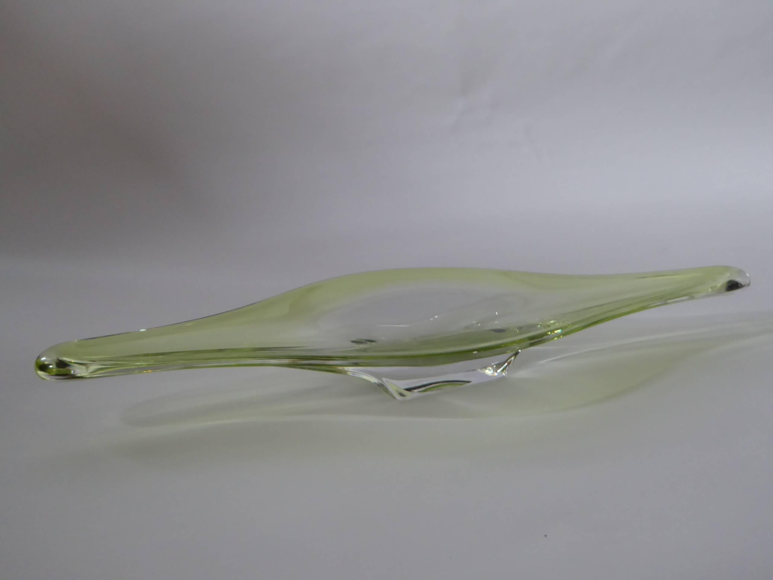 Monumental Mid-Century blown glass Val Saint-Lambert crystal vessel, attributed to Rene Delvine.  Extremely long sculptural art glass centerpiece. Pale lemongrass color and clear. Signed in the glass under foot. Otherworldly, beautiful and