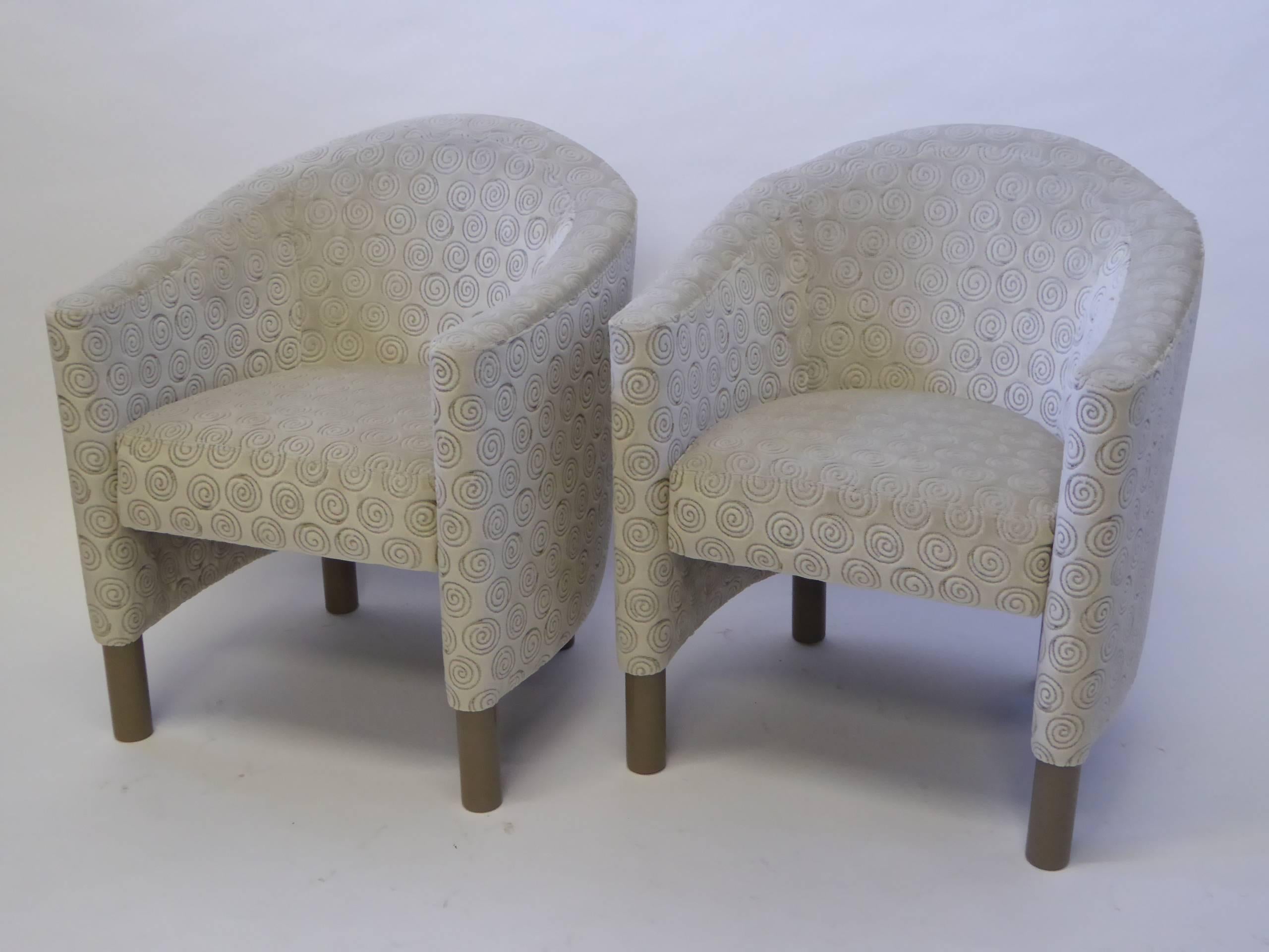 REDUCED FROM $2,500....Great scale and style in this pair of club chairs by Brayton International Collection. Newly reupholstered in a luxe neutral swirl design velvet. Armed lounge chairs or tub chairs. Wonderful fat pencil legs. Price is for the