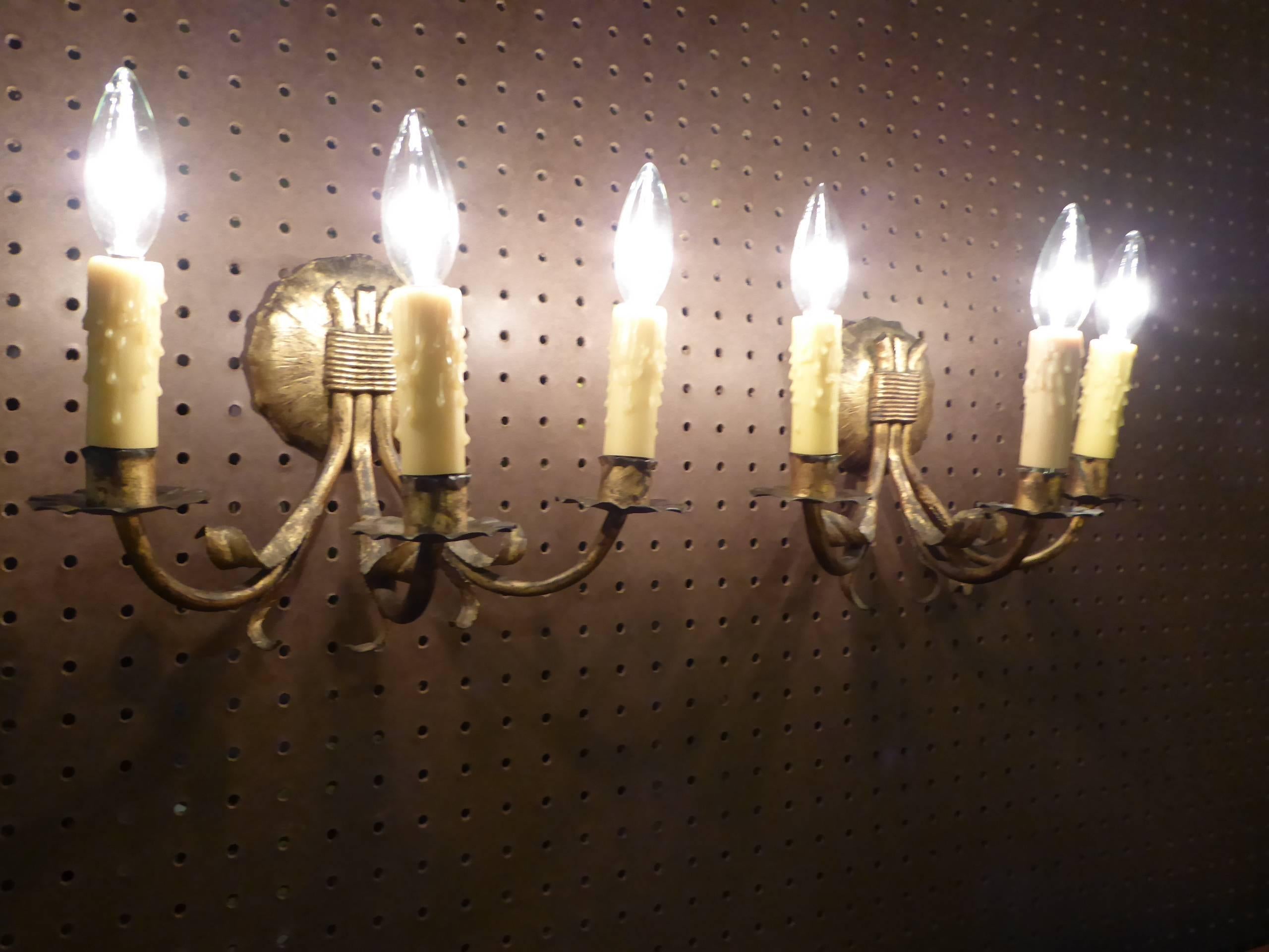 Spanish 1950s Modern Neoclassical Gilt Metal Three Candle Sconces Barcelona For Sale