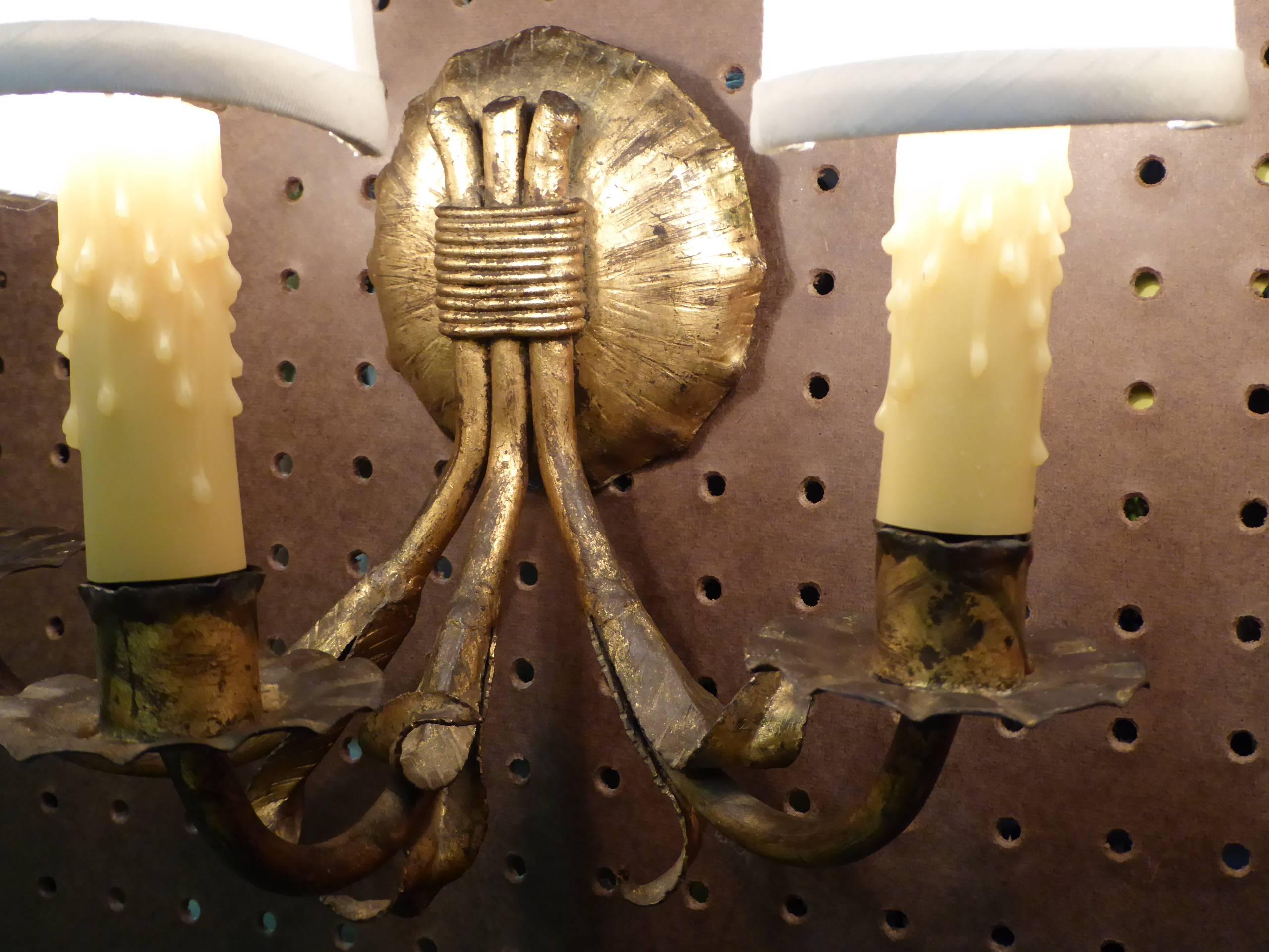 1950s Modern Neoclassical Gilt Metal Three Candle Sconces Barcelona In Excellent Condition For Sale In Miami, FL