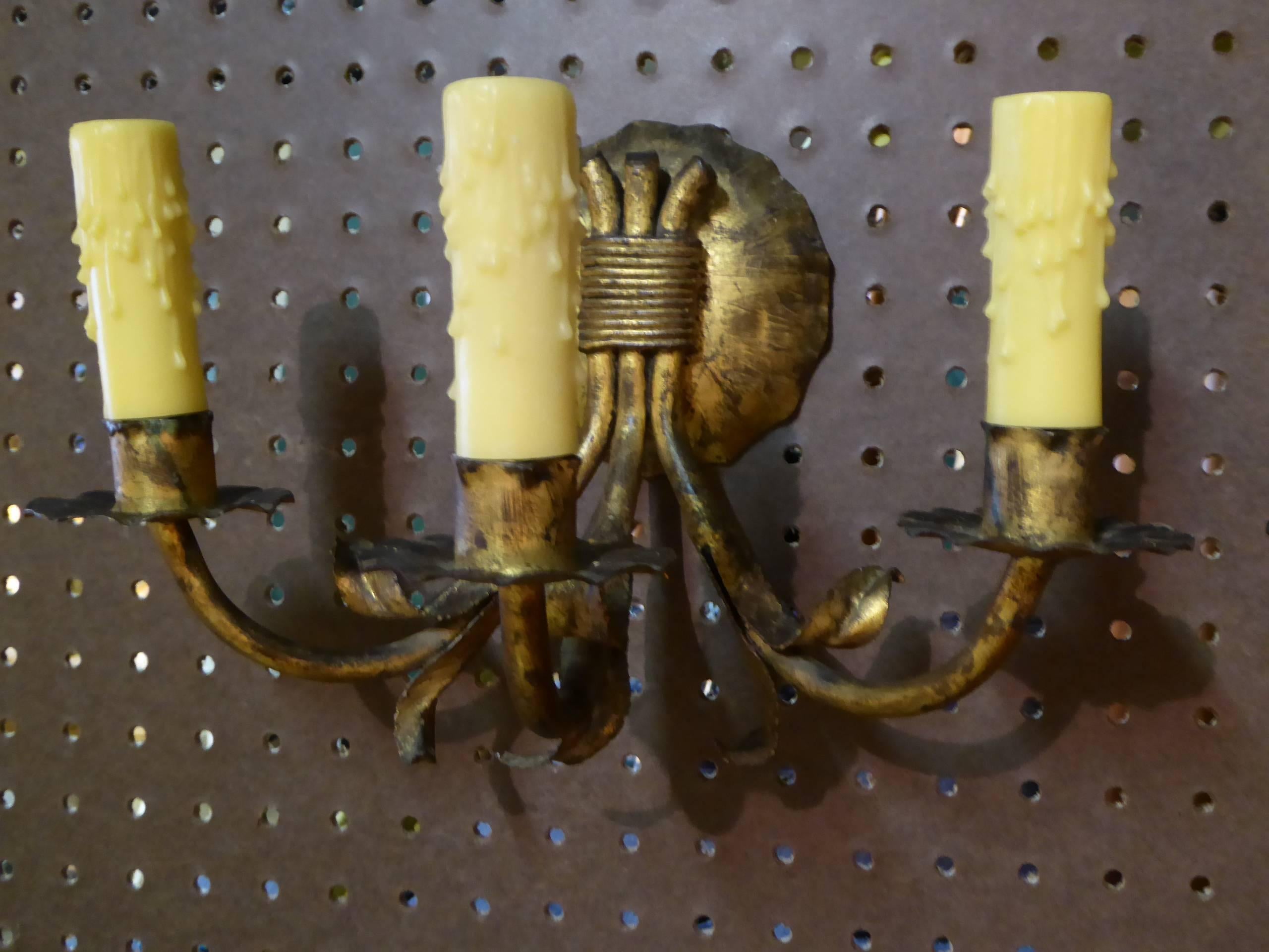 Mid-20th Century 1950s Modern Neoclassical Gilt Metal Three Candle Sconces Barcelona For Sale