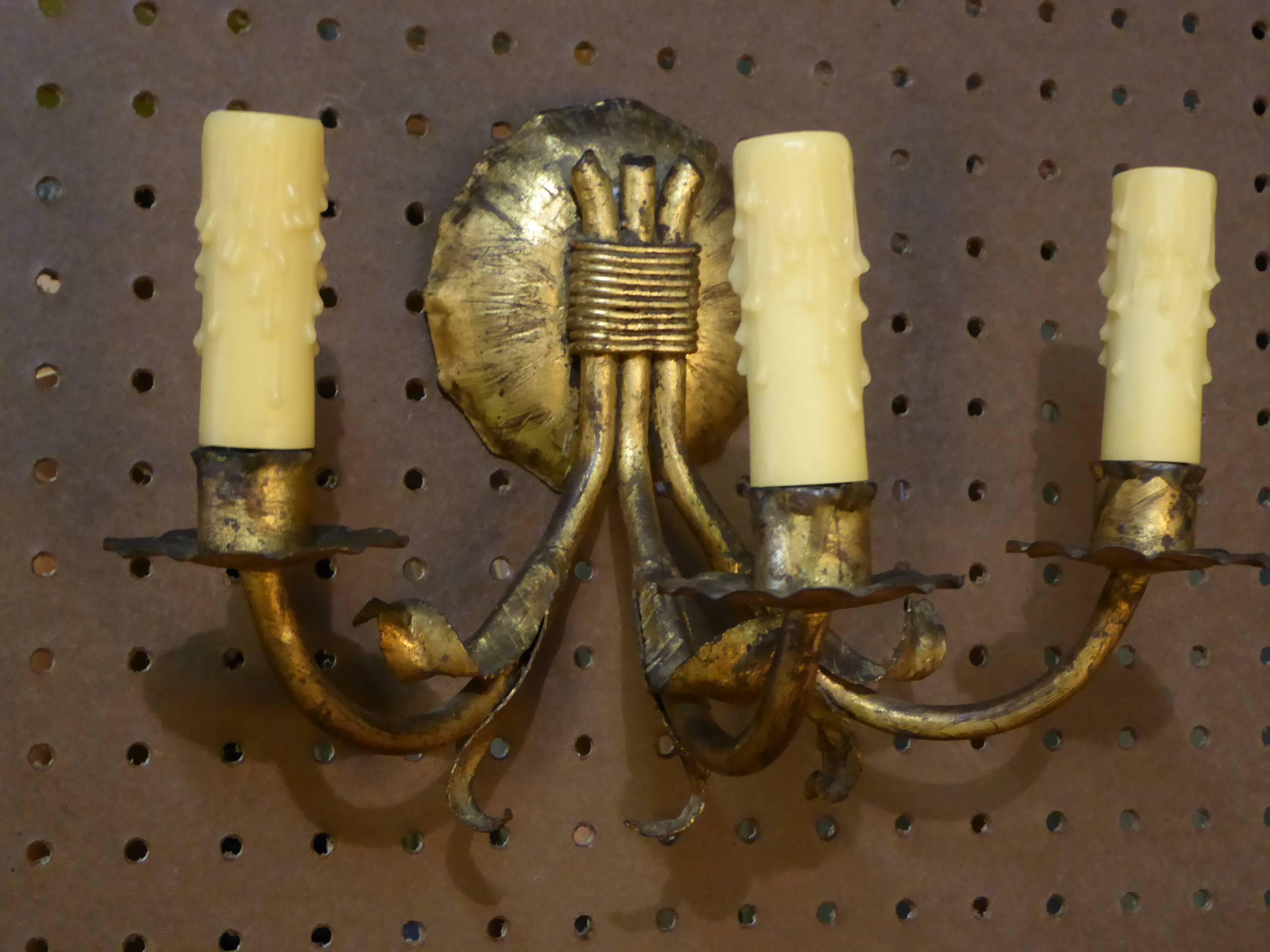 1950s Modern Neoclassical Gilt Metal Three Candle Sconces Barcelona For Sale 1