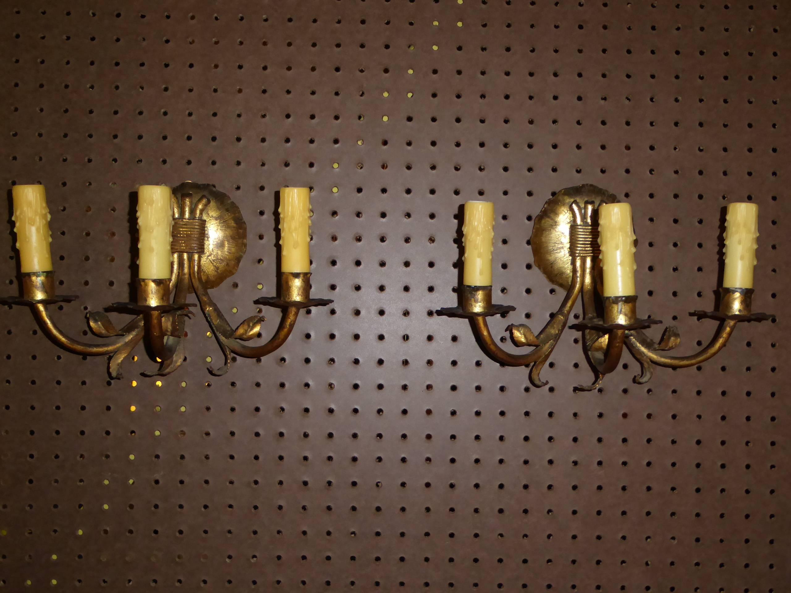 1950s Modern Neoclassical Gilt Metal Three Candle Sconces Barcelona For Sale 2