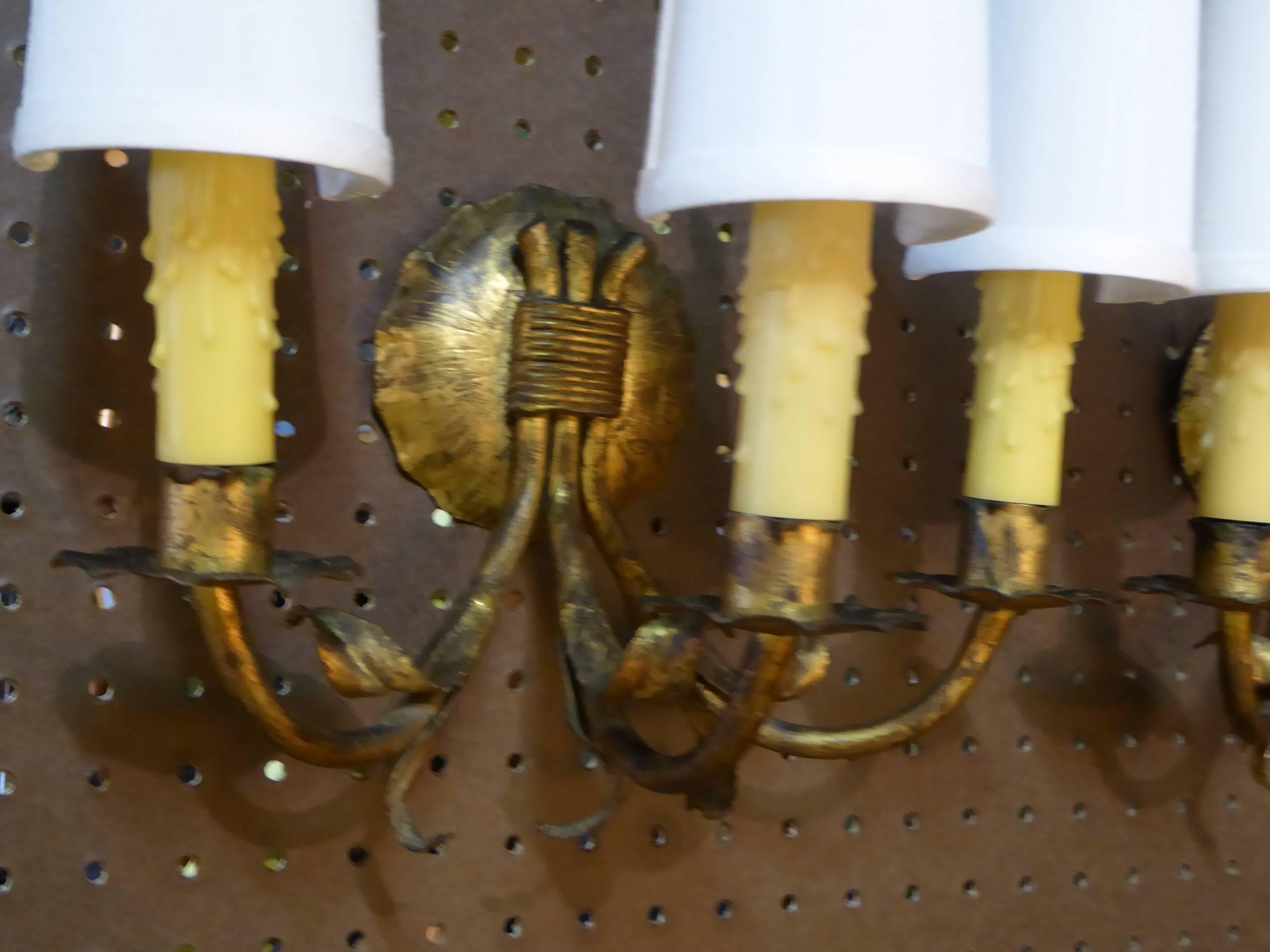 1950s Modern Neoclassical Gilt Metal Three Candle Sconces Barcelona For Sale 3