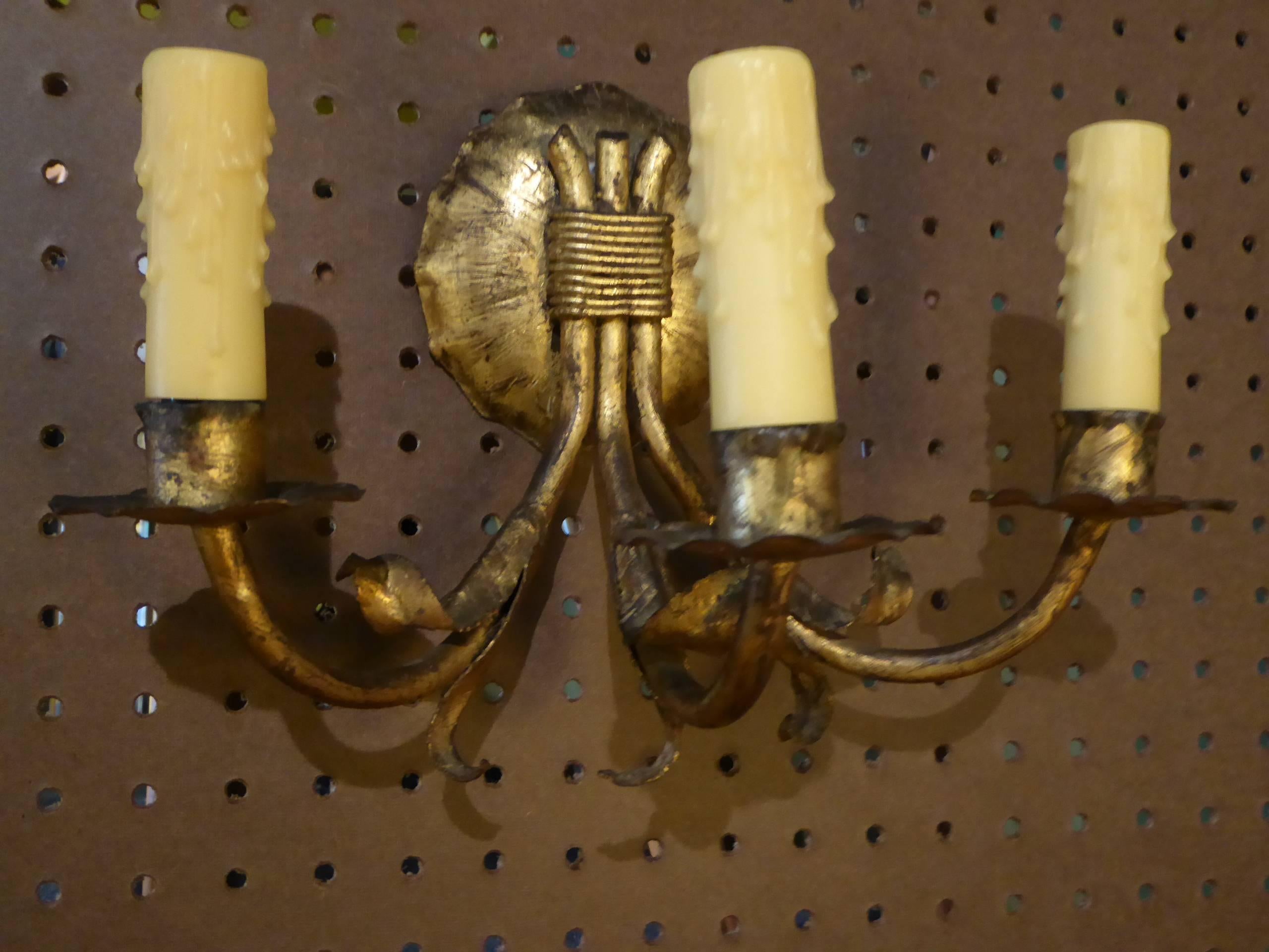 1950s Modern Neoclassical Gilt Metal Three Candle Sconces Barcelona For Sale 5