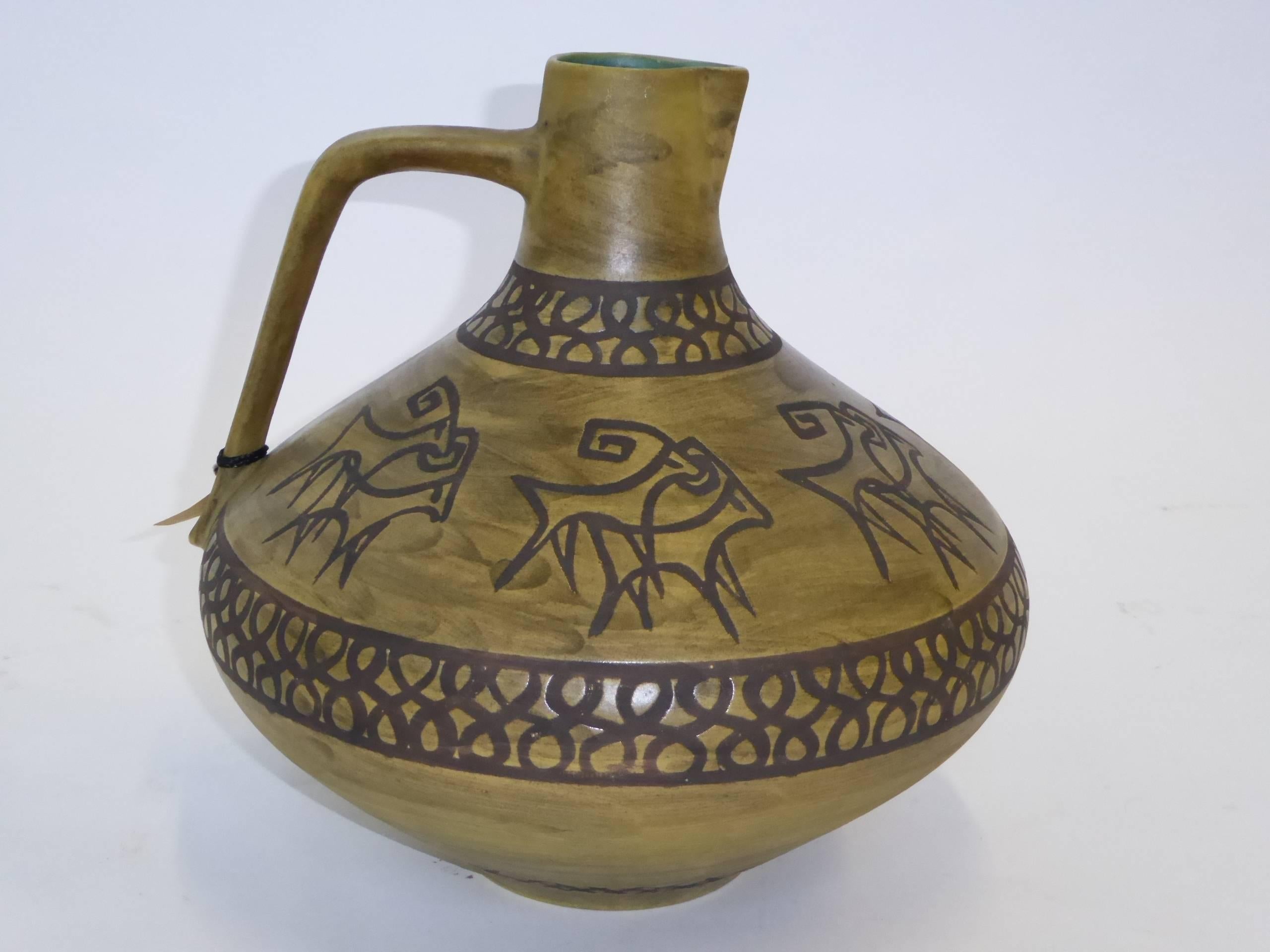 Glazed Large Mid-Century Ceramano Sgraffito Pottery Vase Krug by Hanns Welling
