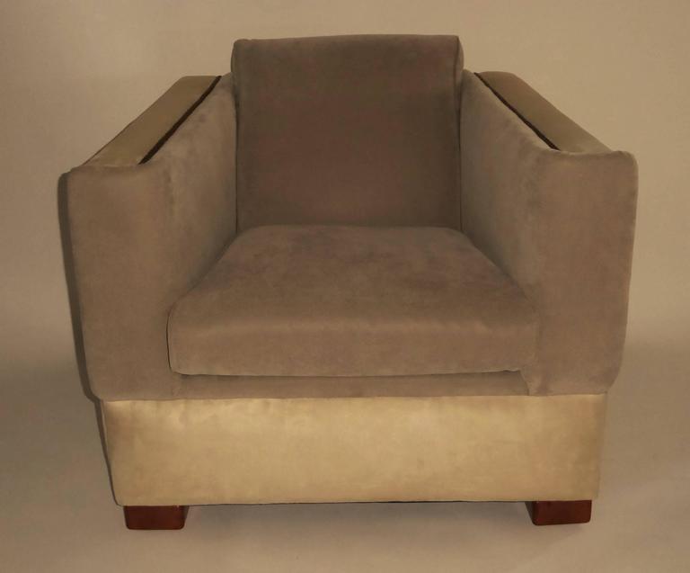 American 1940s Paul Frankl Style Streamline Moderne Lounge Chair in Two-Tone Ultrasuede For Sale