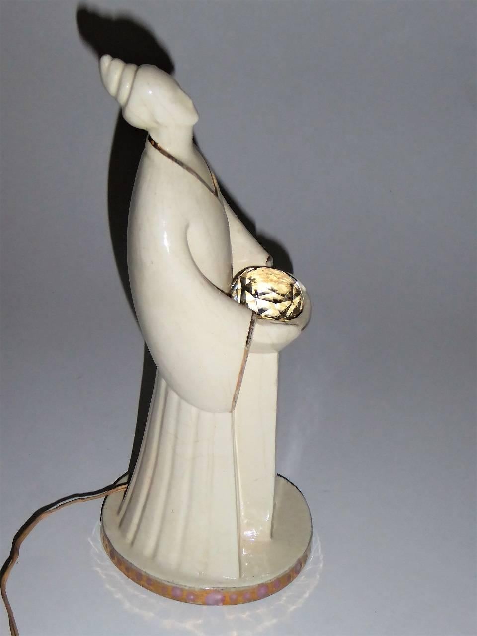 French Art Deco Crackle Porcelain ROBJ Figural Lamp of Mystic, France, 1920s