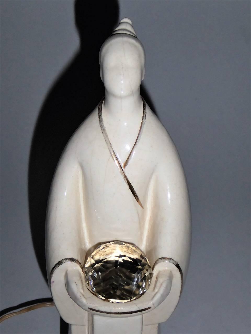Art Deco Crackle Porcelain ROBJ Figural Lamp of Mystic, France, 1920s In Good Condition In Miami, FL