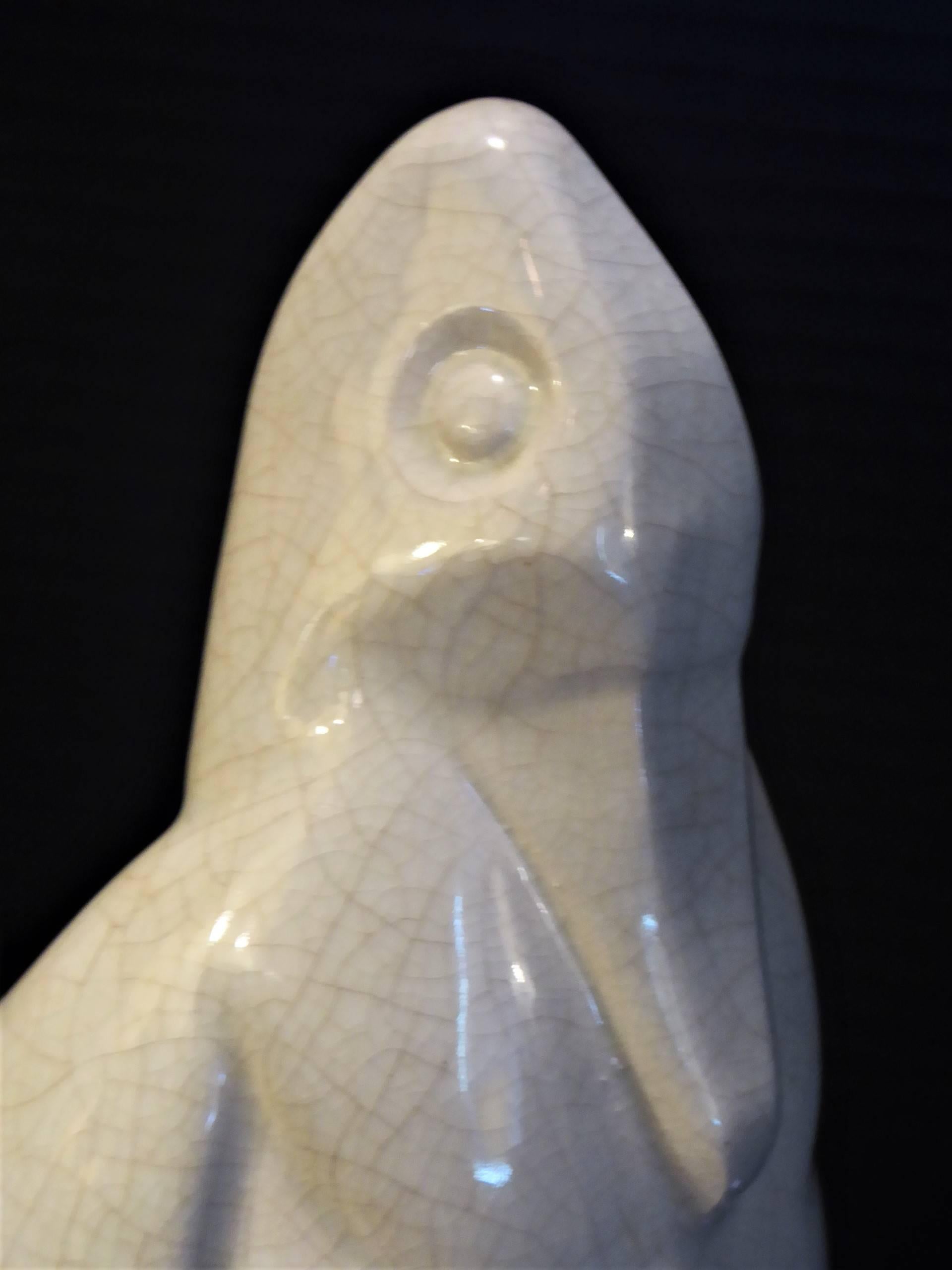 1930s Tall Art Deco Geo Conde Penguin in Crackle Glaze Ceramic, France For Sale 1