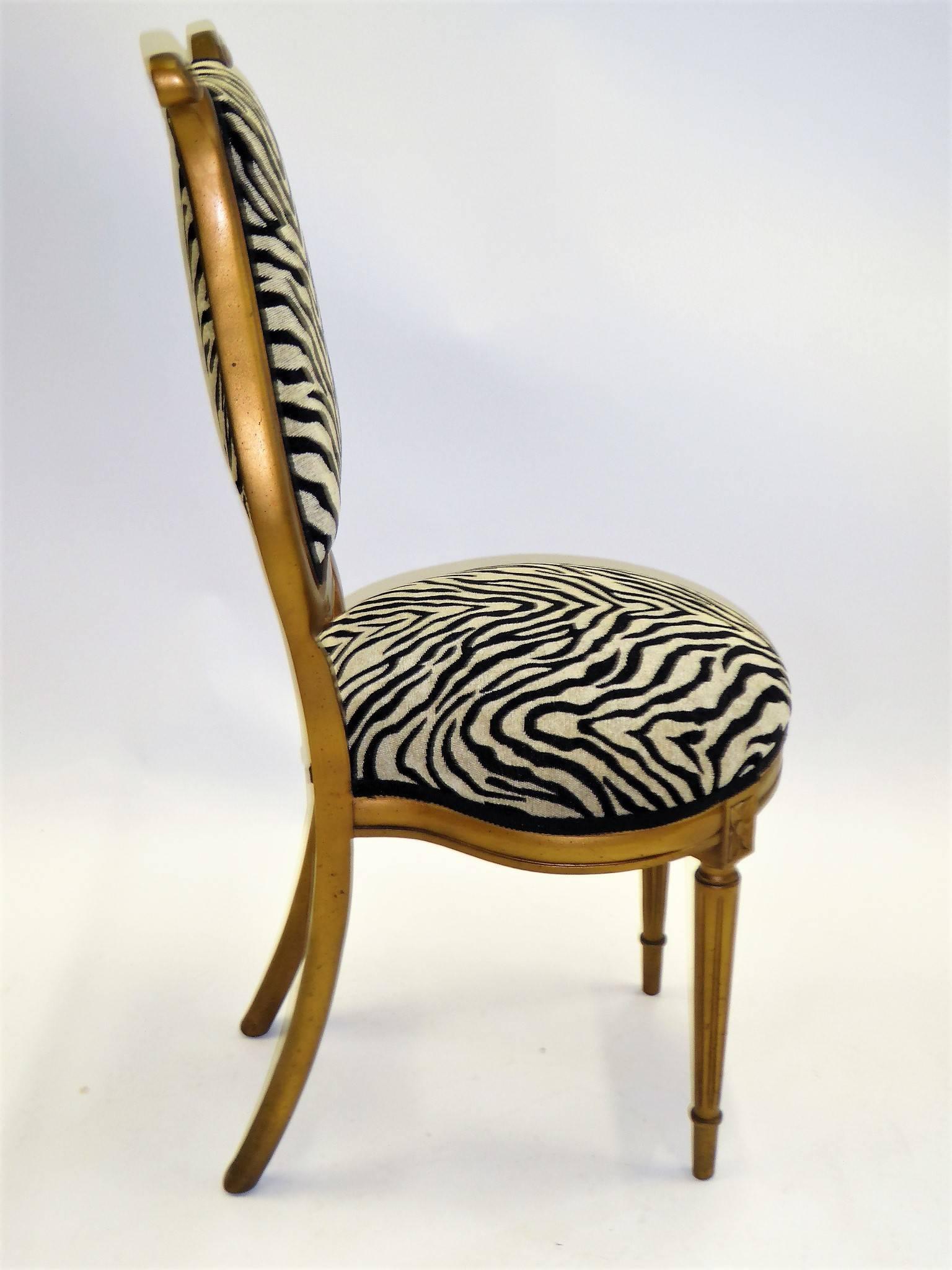 American 1940s Musical Motif Carved Giltwood Side Chair in Zebra Chenille