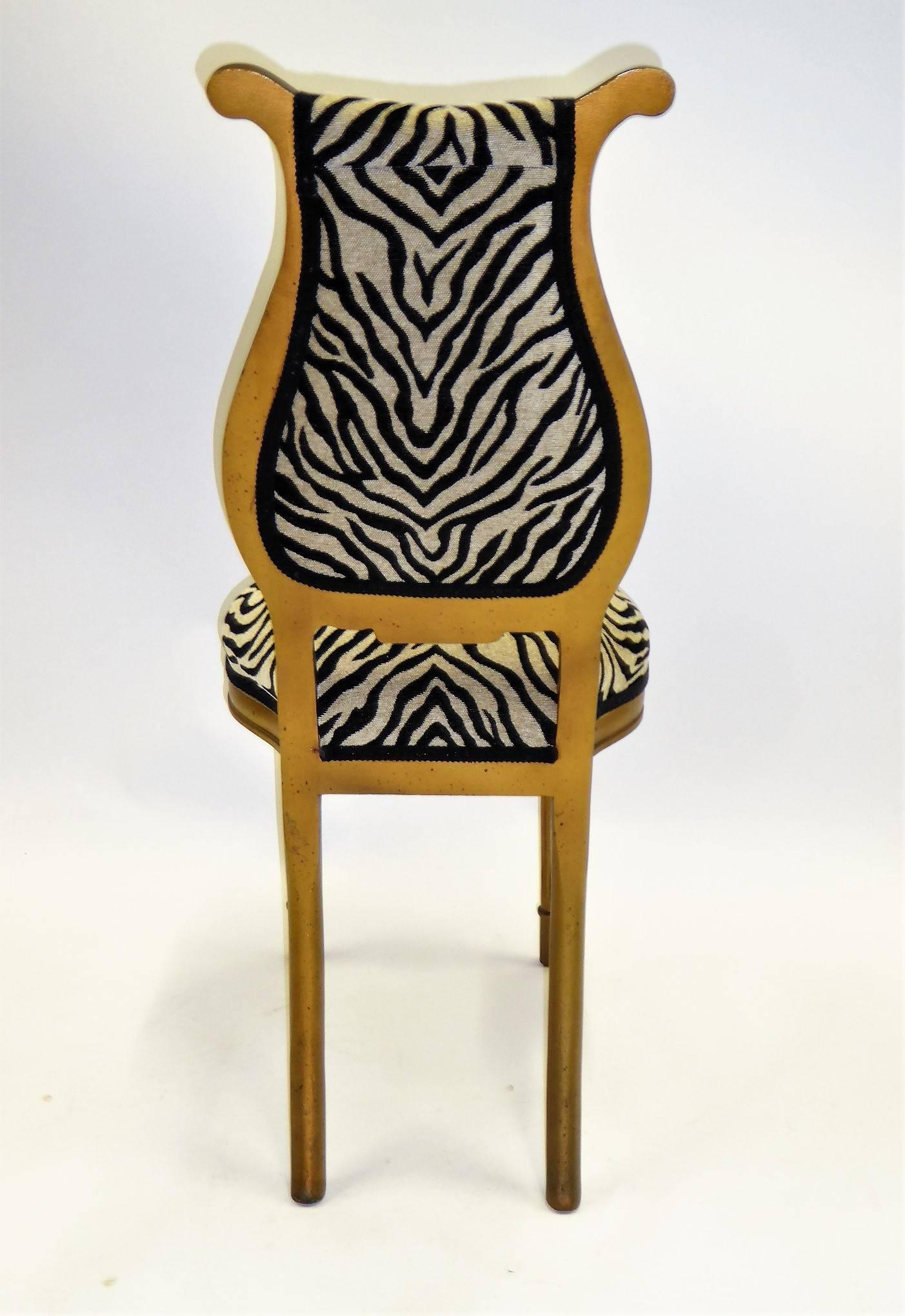 Hollywood Regency 1940s Musical Motif Carved Giltwood Side Chair in Zebra Chenille