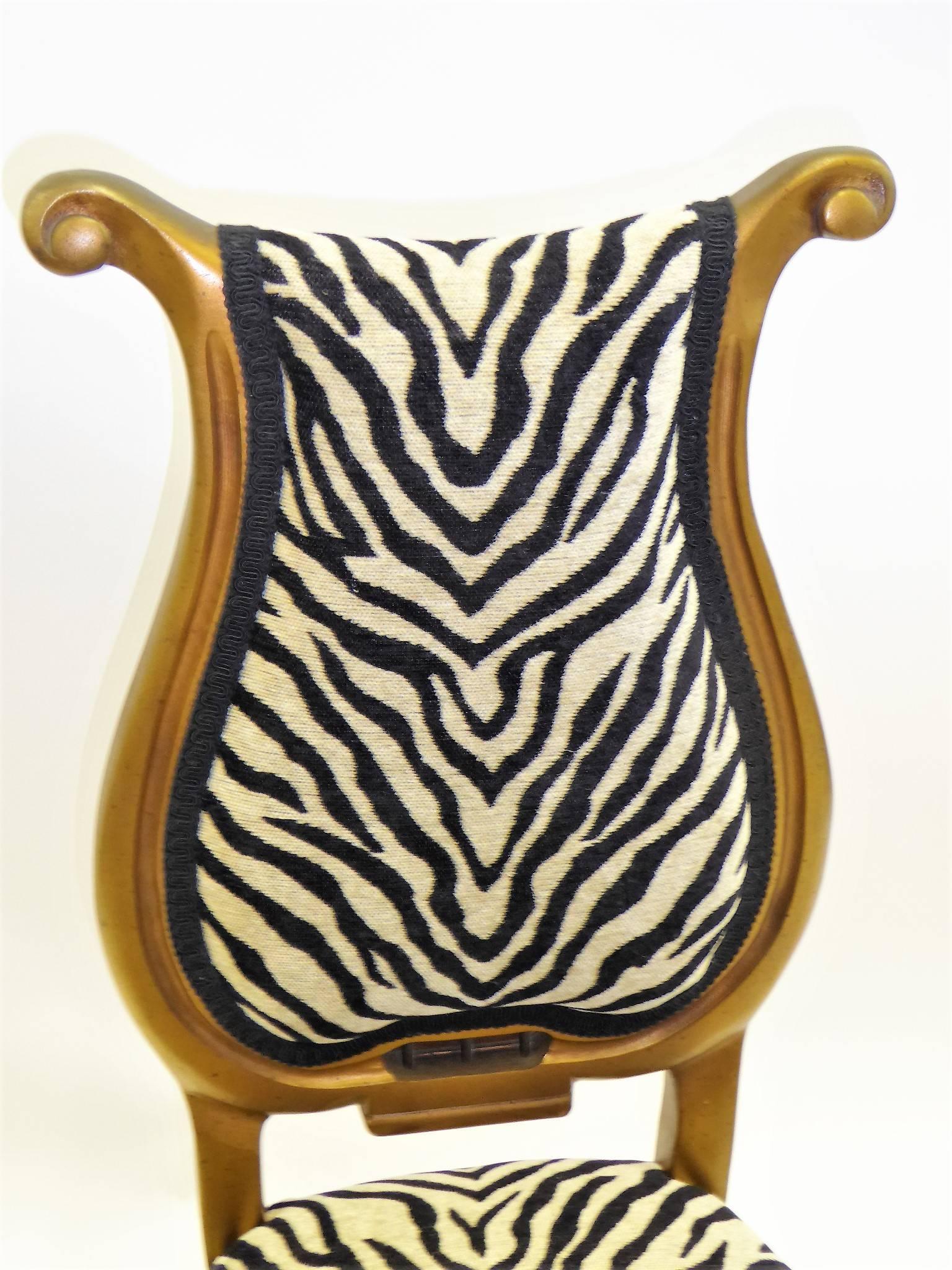 1940s Musical Motif Carved Giltwood Side Chair in Zebra Chenille In Excellent Condition In Miami, FL