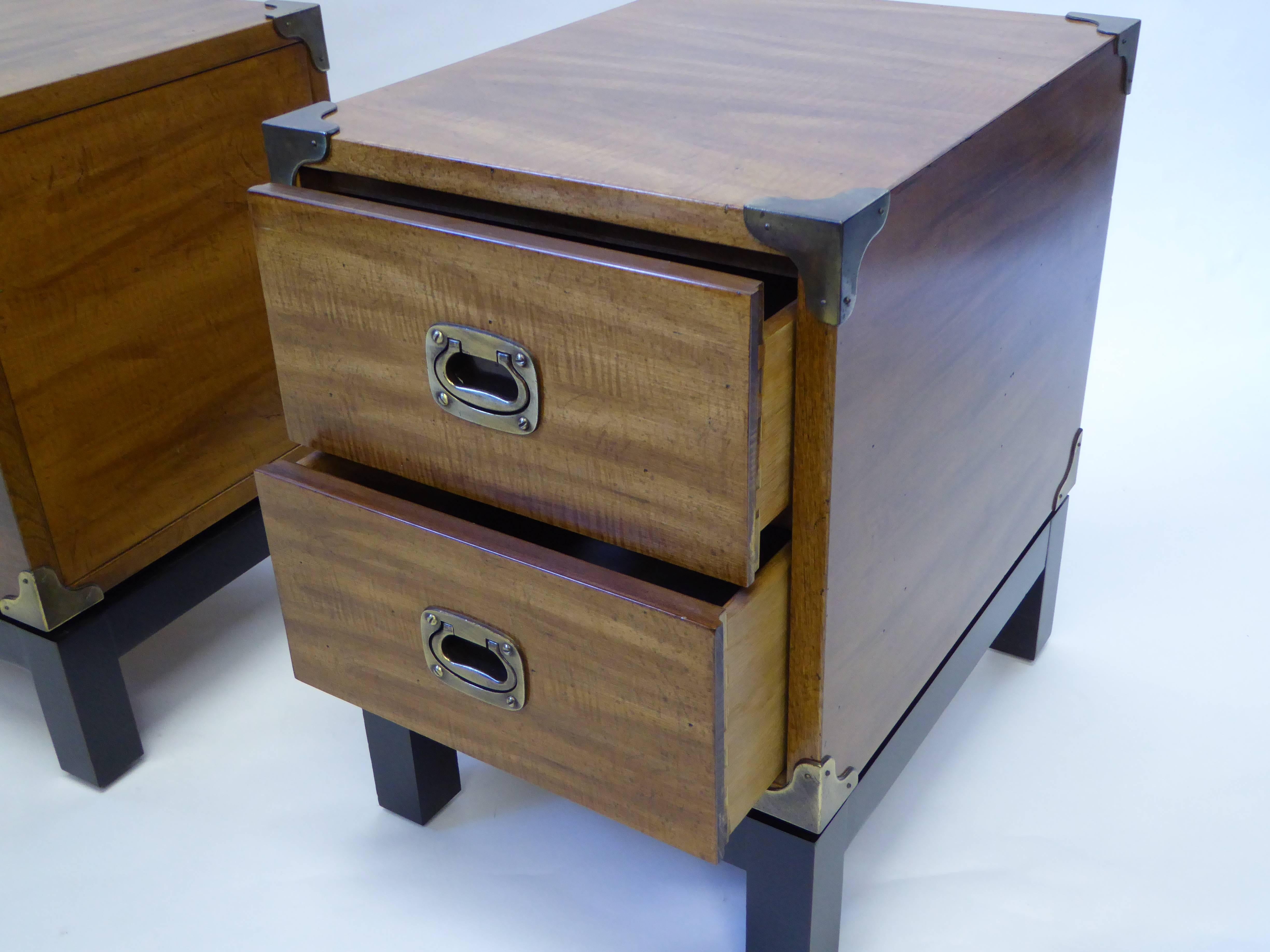 Pair of Mt Airy Walnut Campaign Style Nightstands In Excellent Condition In Miami, FL