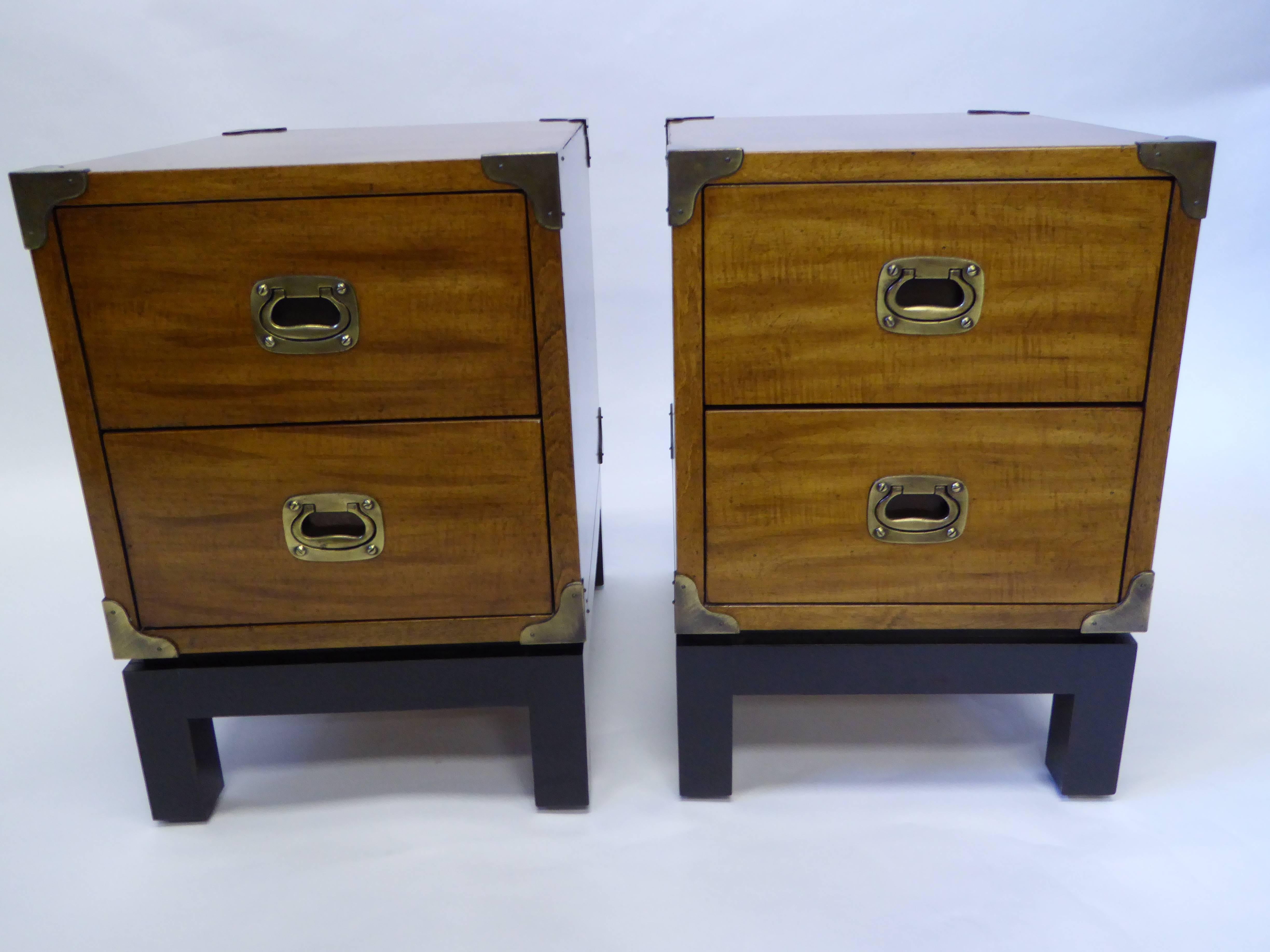 Mid-Century Modern Pair of Mt Airy Walnut Campaign Style Nightstands