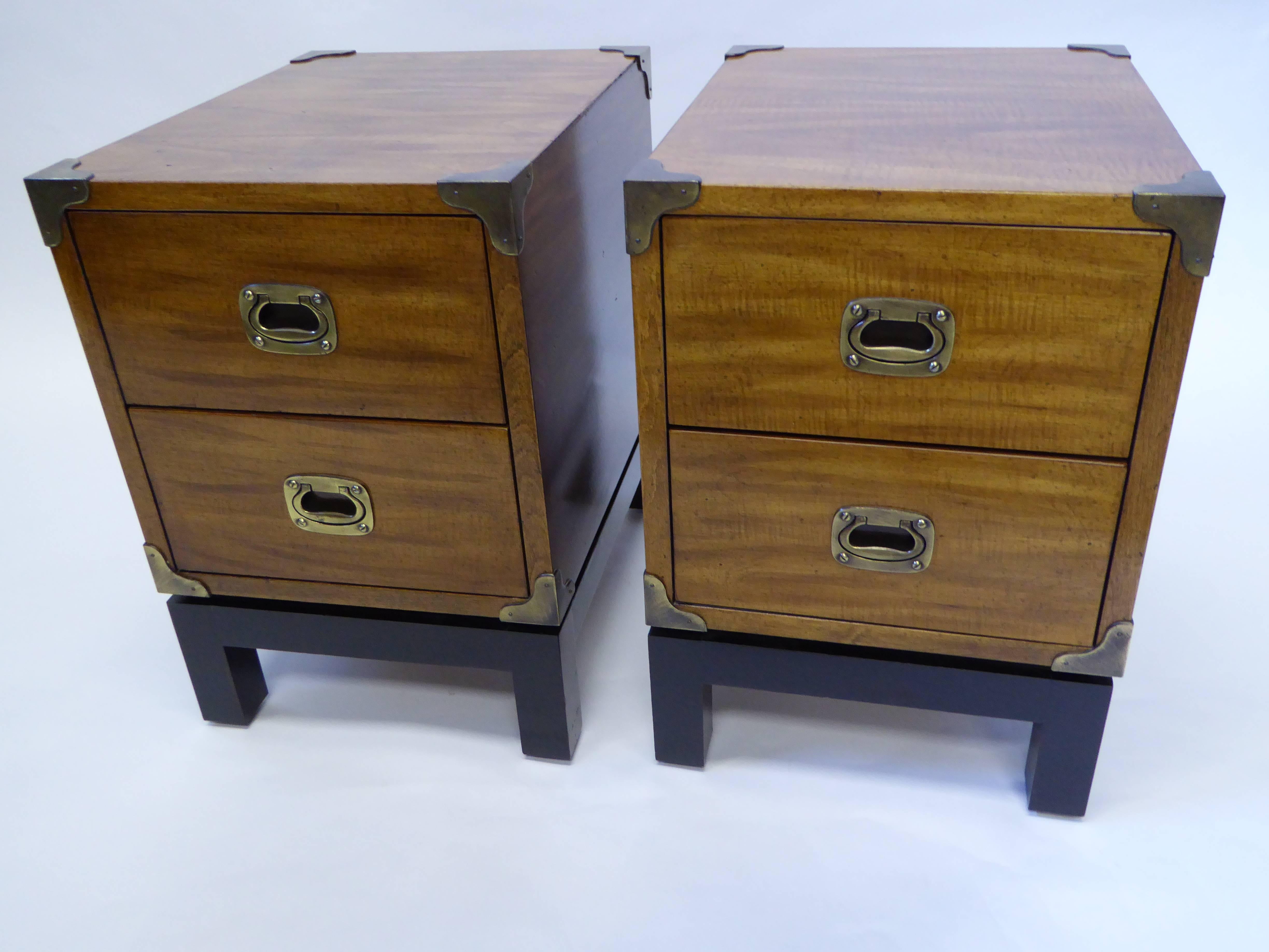 Brass Pair of Mt Airy Walnut Campaign Style Nightstands