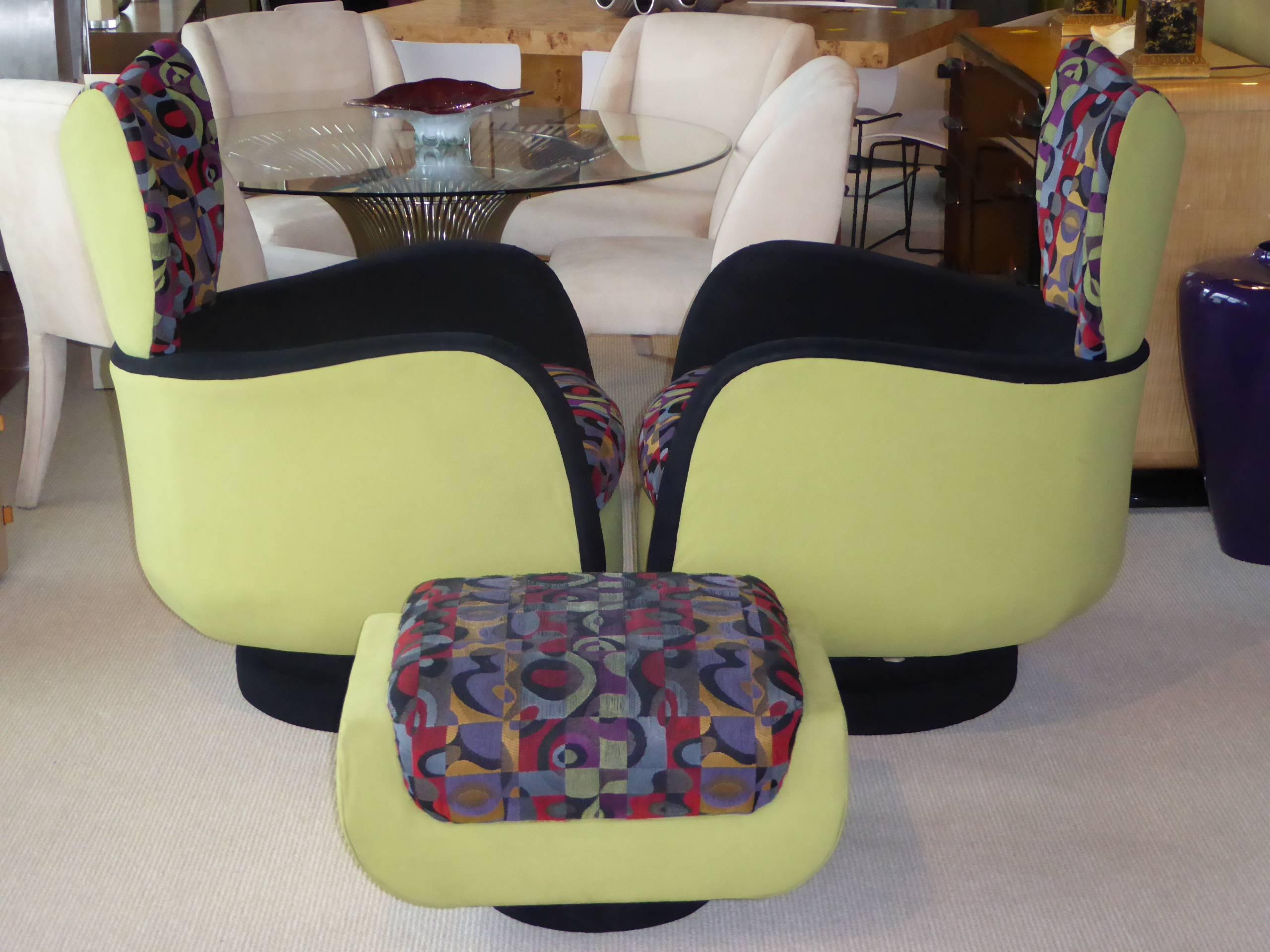 Ultrasuede Pair of Vladimir Kagan Lounge Chairs for Directional with Ottoman