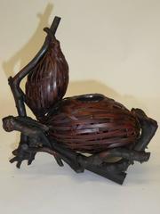 Woven Gourd Form Ikebana Basket on Rootwood Stand Style of Taisho Period