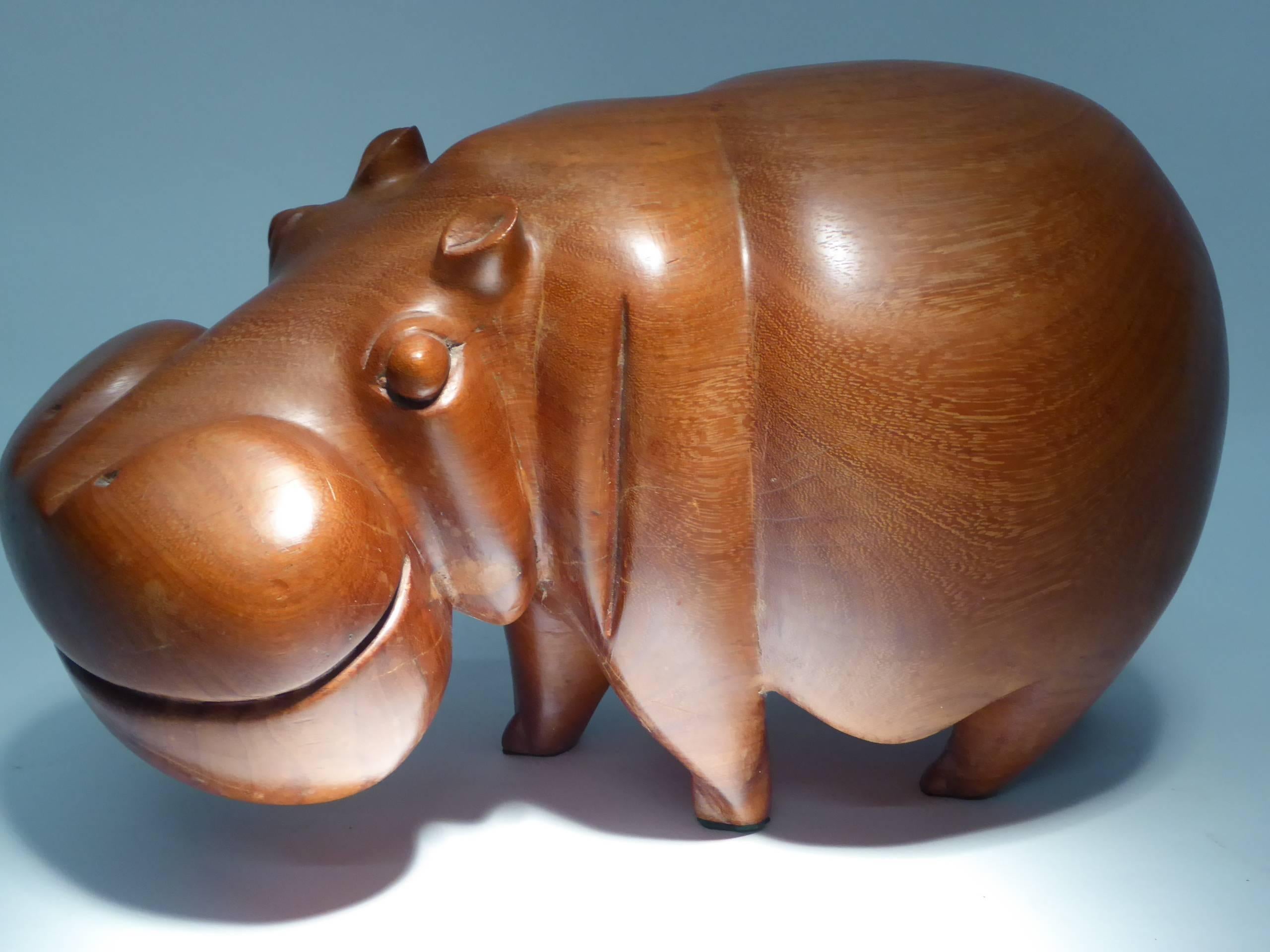 Large Solid Teak Hippo Carved Sculpture In Excellent Condition In Miami, FL