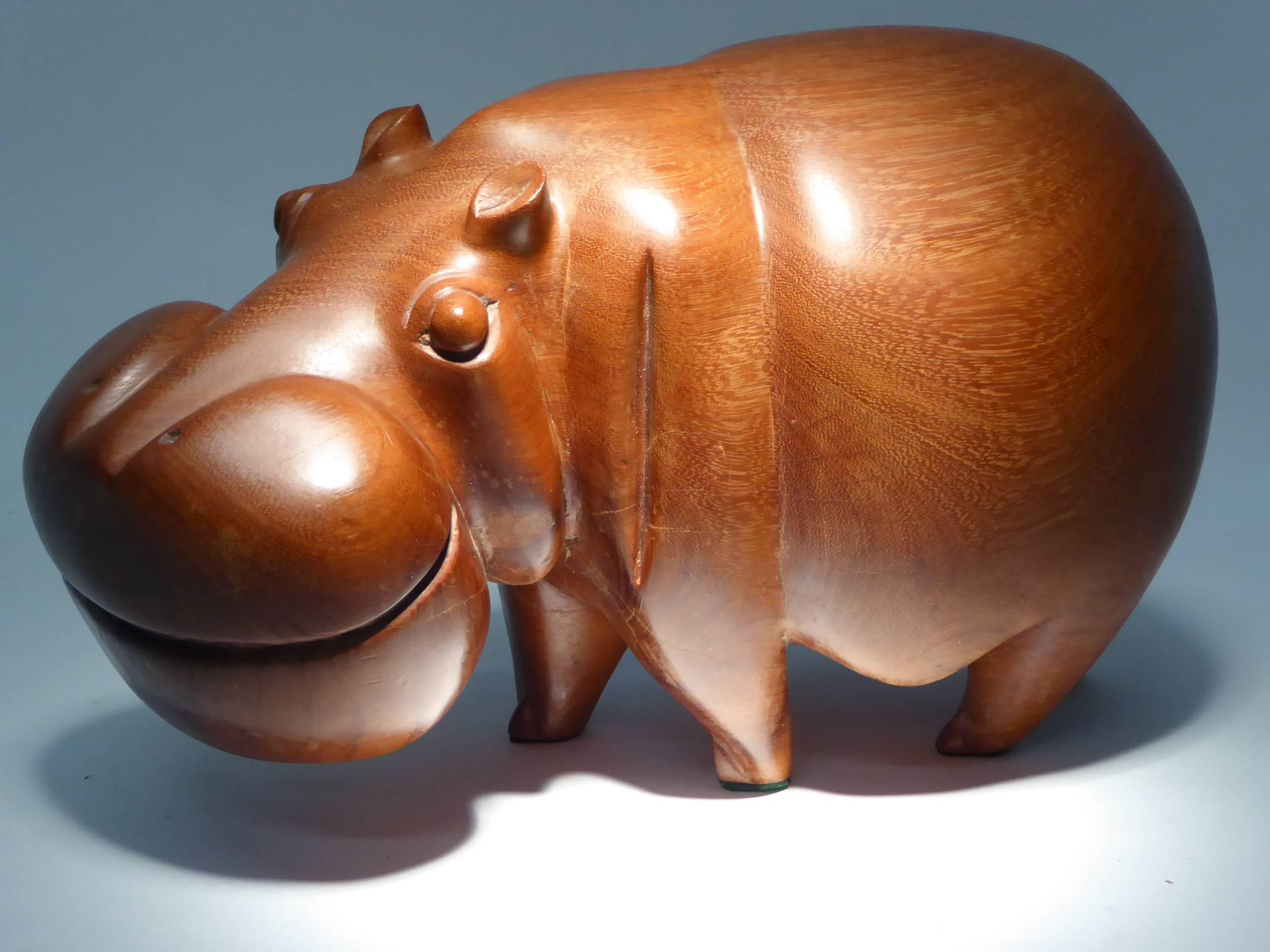 Late 20th Century Large Solid Teak Hippo Carved Sculpture