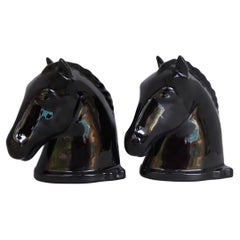1940s Pair Modern Pottery Black Horse Head Bookends Abingdon Pottery