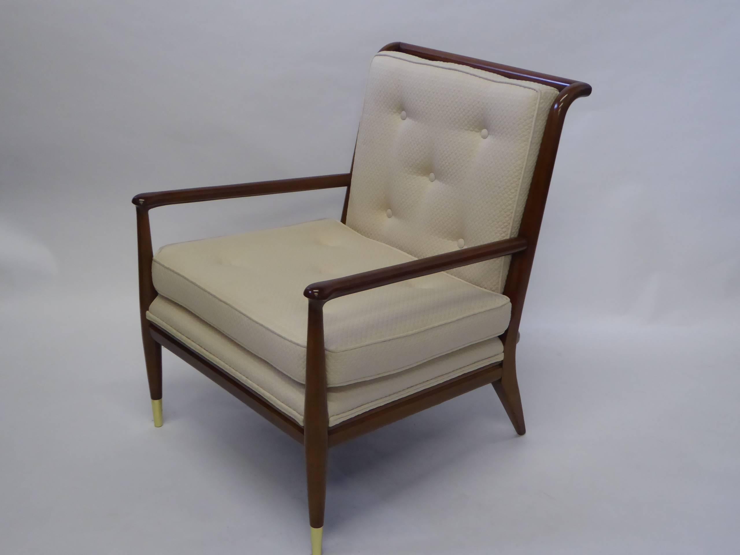 SOLD  Stellar lounge chair from the 1950s, very similar to the work of the superlative firm of Smilow-Thielle. The armchair with railback design with sculpted arms, inset cushions. Restored polished condition with new quilted fabric upholstery.