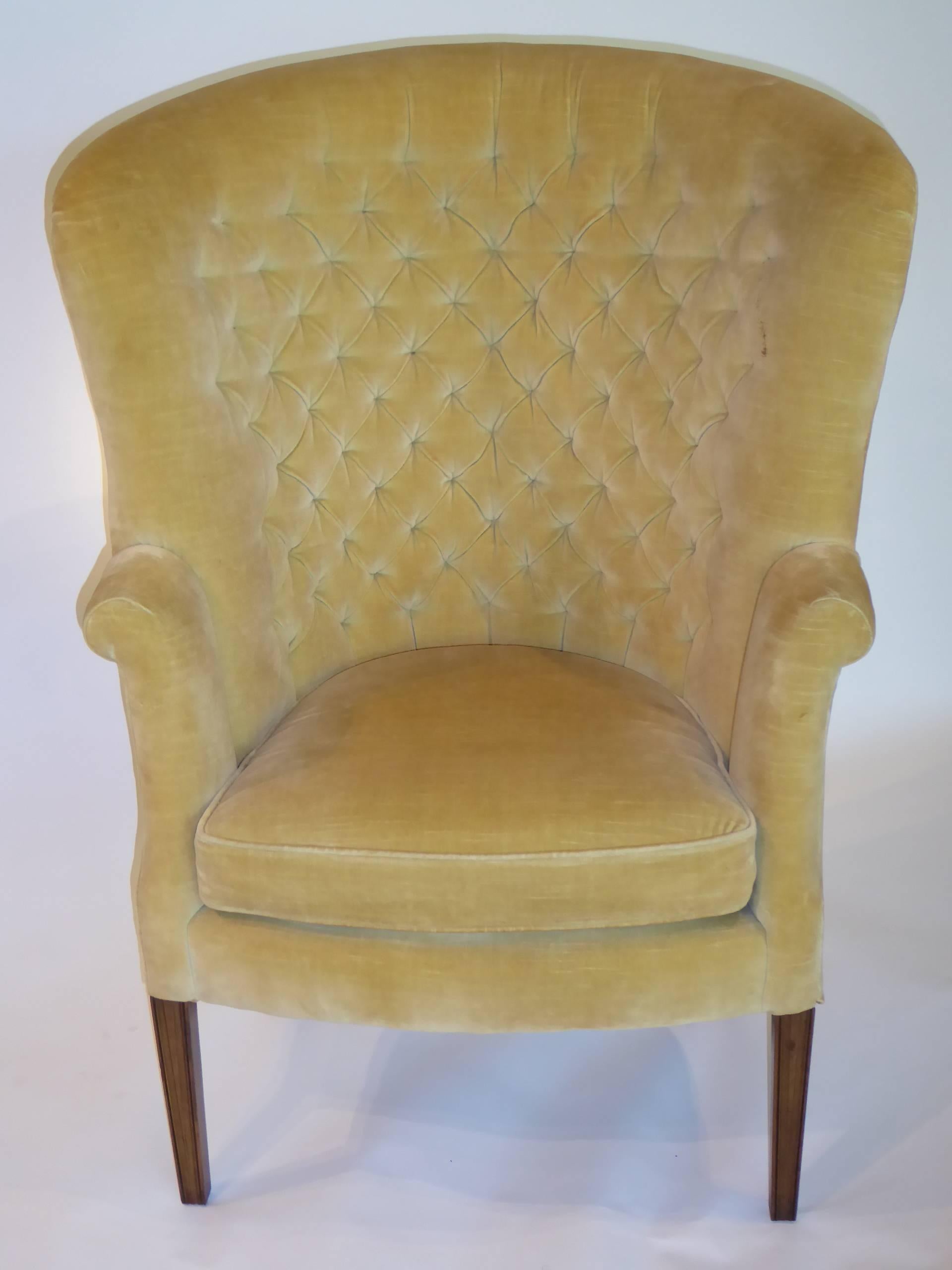 Architectural High Back Tufted Velvet Wingback Chair In Good Condition In Miami, FL
