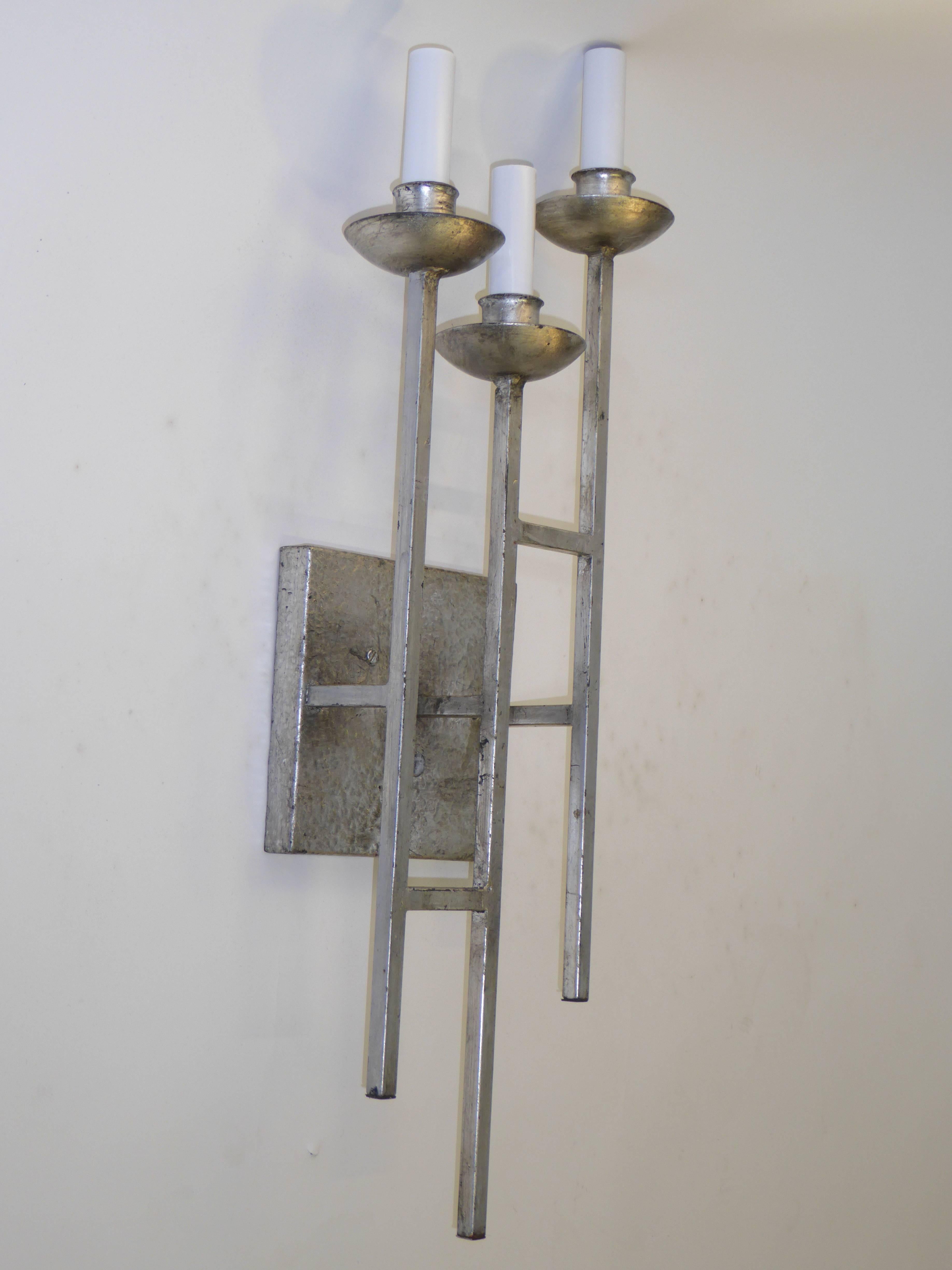 Mid-Century Modern 1960s Brutalist Modern Hammered Silvered Metal Pair of Sconces Appliques