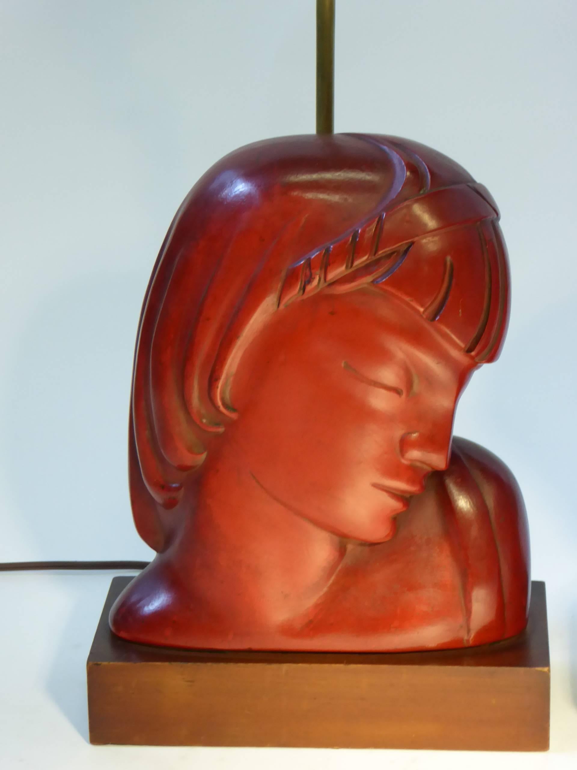 American Art Deco Kupur Head Table Lamps in Cinnabar Red, 1930s