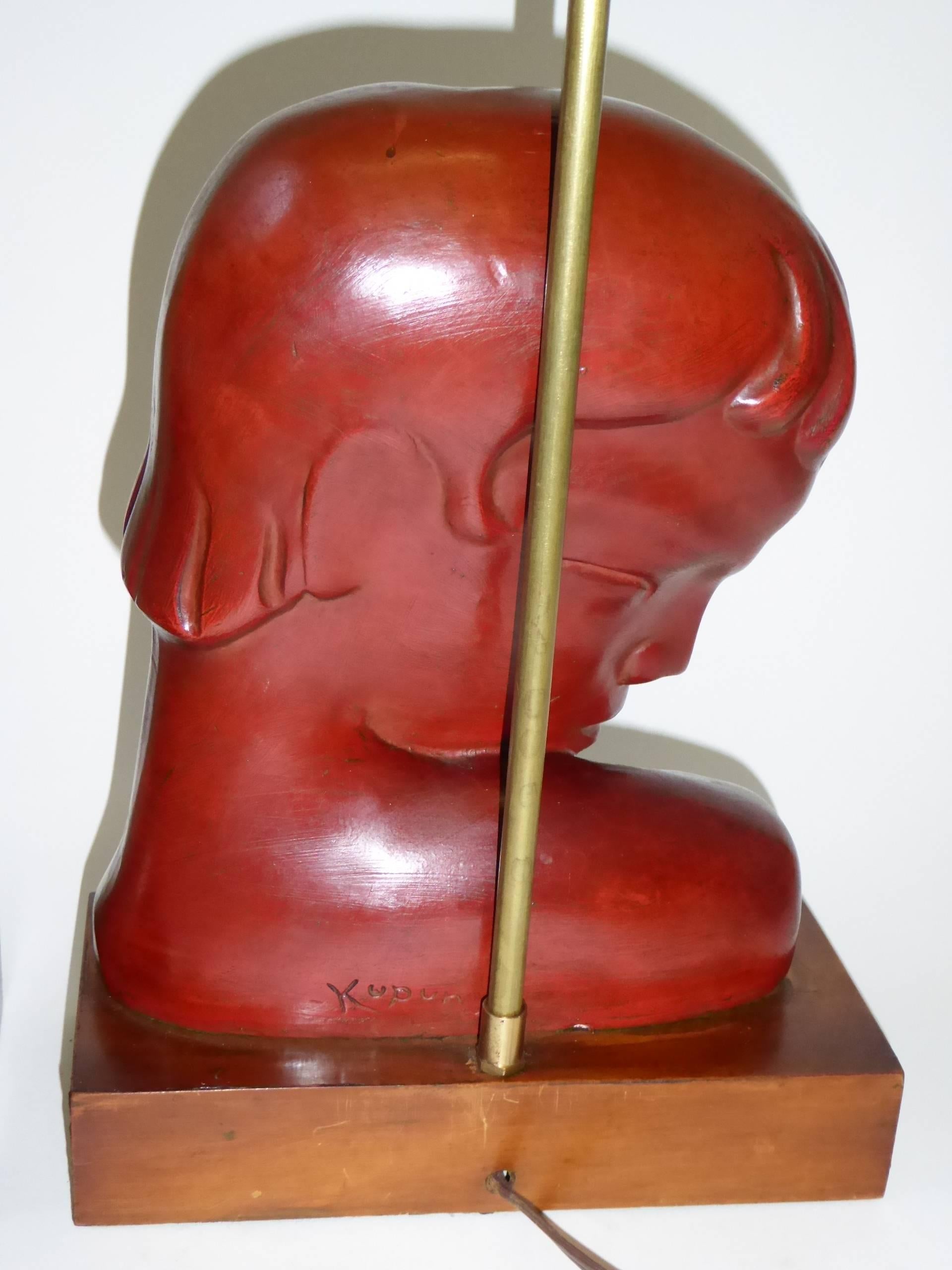 Art Deco Kupur Head Table Lamps in Cinnabar Red, 1930s 1