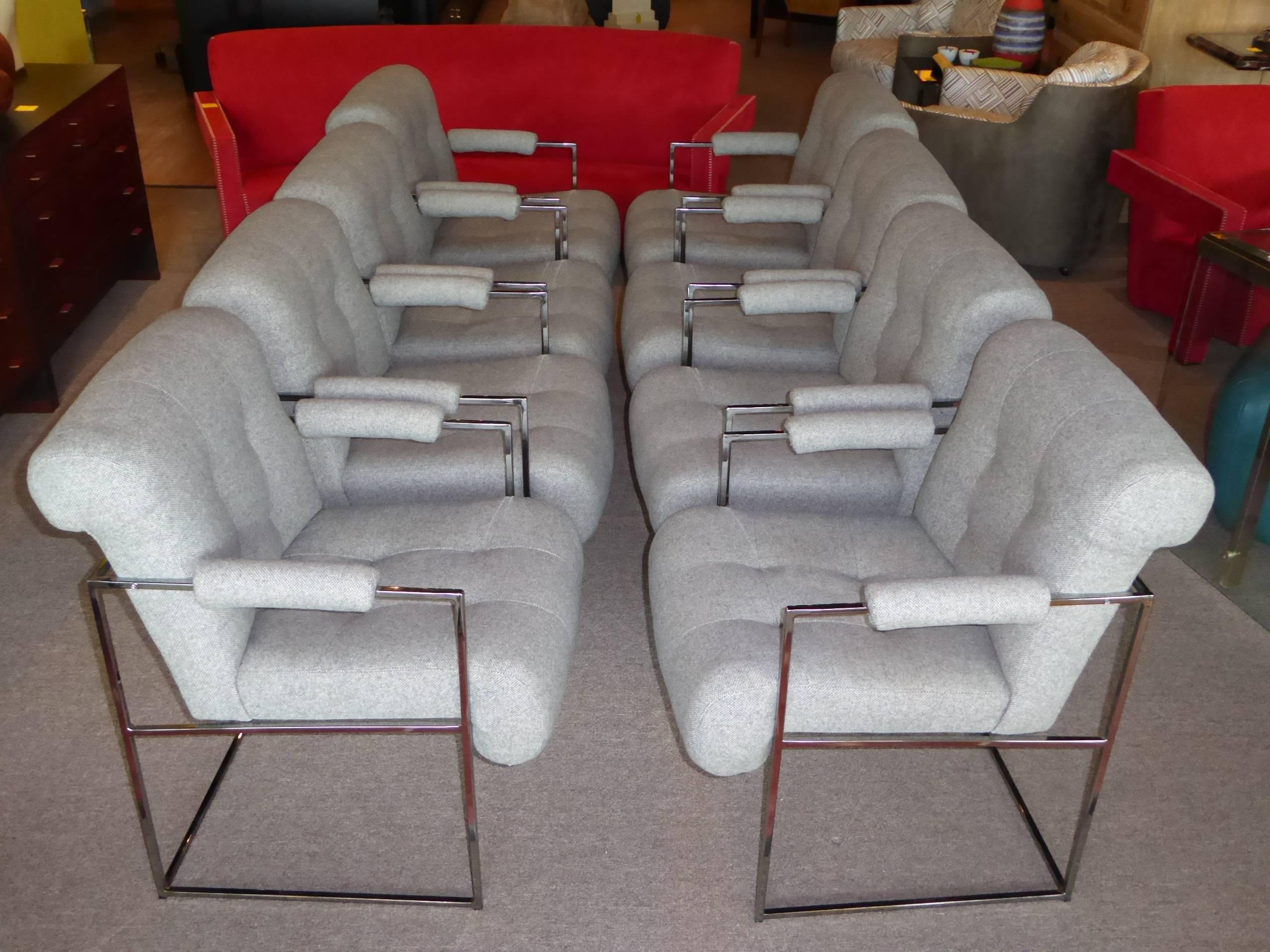 Mid-Century Modern Eight Modern Plush Milo Baughman Thin Line Armed Dining Chairs