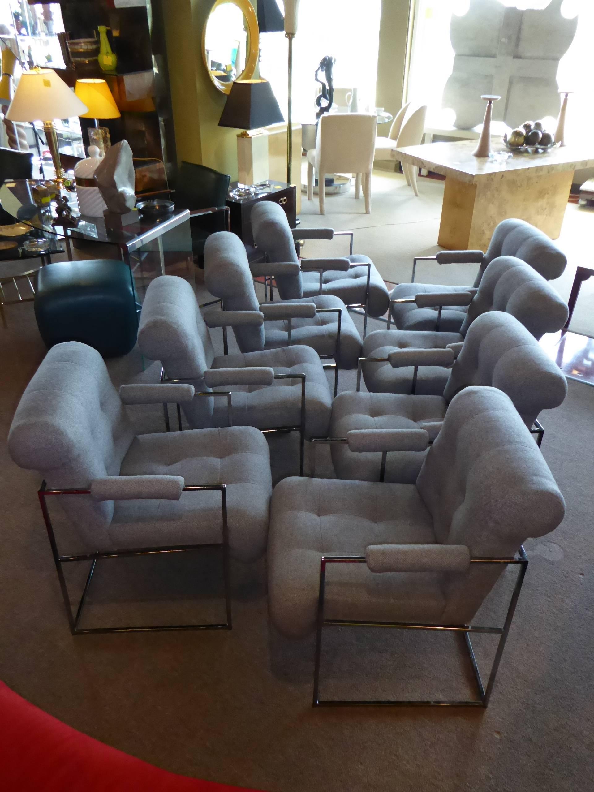 Eight Modern Plush Milo Baughman Thin Line Armed Dining Chairs 3