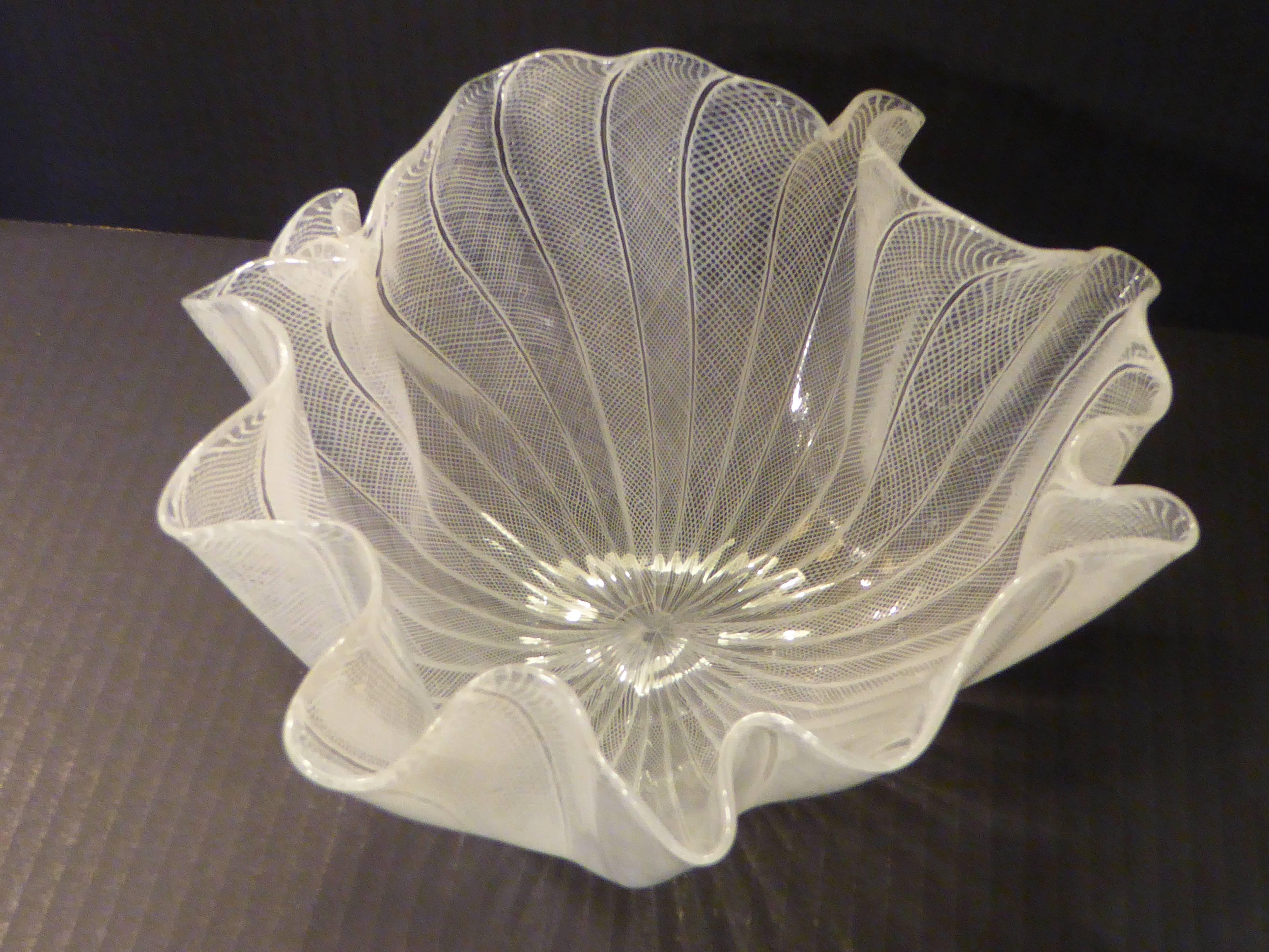 Fine Venini White Latticino Fazzoletto Vase Signed In Excellent Condition In Miami, FL