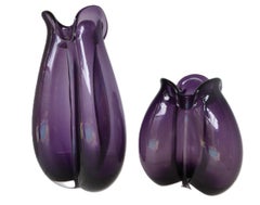 Pair Danish Modern Trefoil Amethyst Glass Vases, Lutken, Holmegaard, Denmark 50s