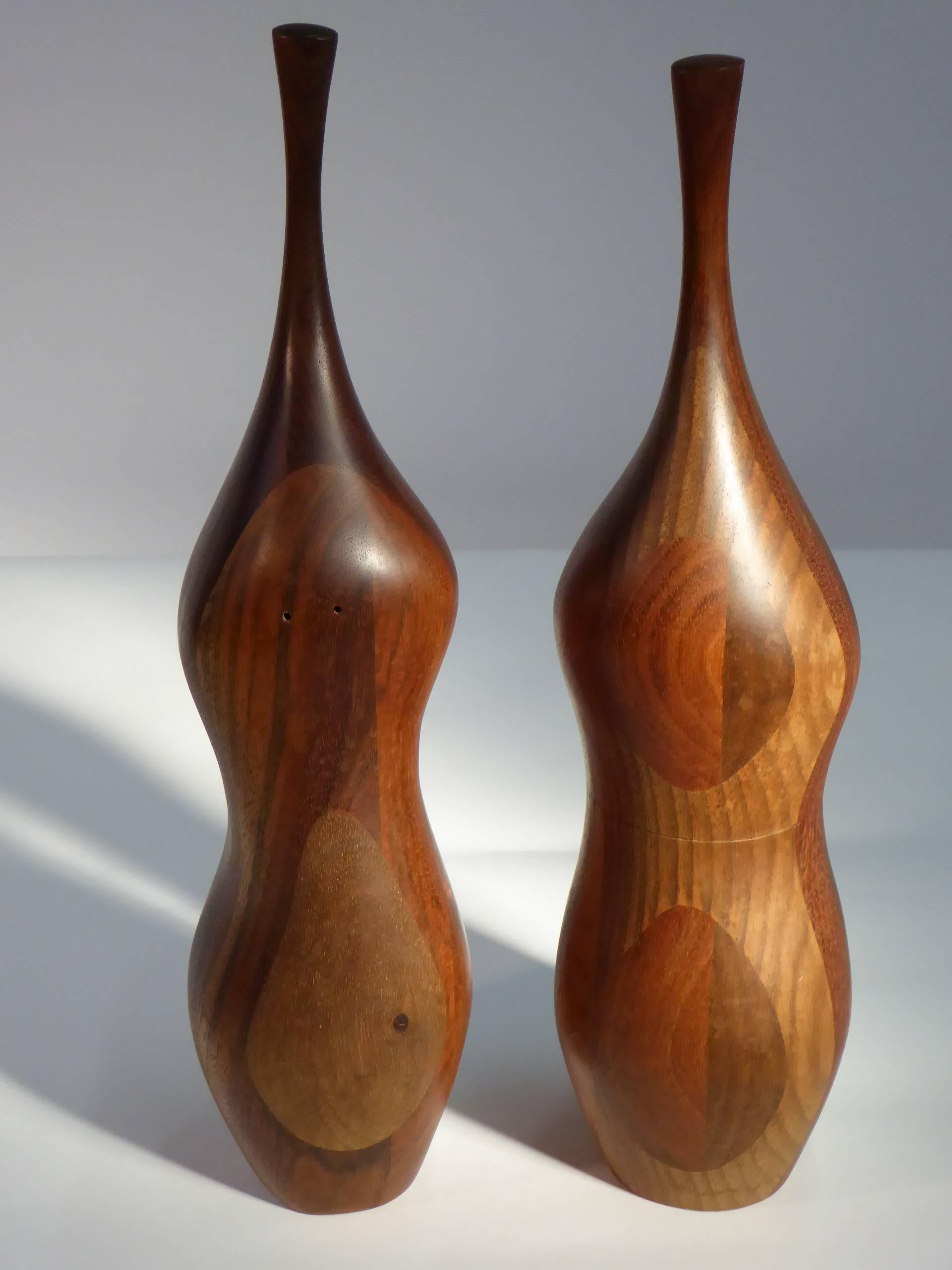 REDUCED FROM $2,250.
An outstanding 20th century oversized pair of Daniel Loomis Valenza designed pepper grinder and salt shaker. Sinuous and sexy, organic solid laminated walnut, beautifully crafted in the 1970s with staved heavily figured walnut.