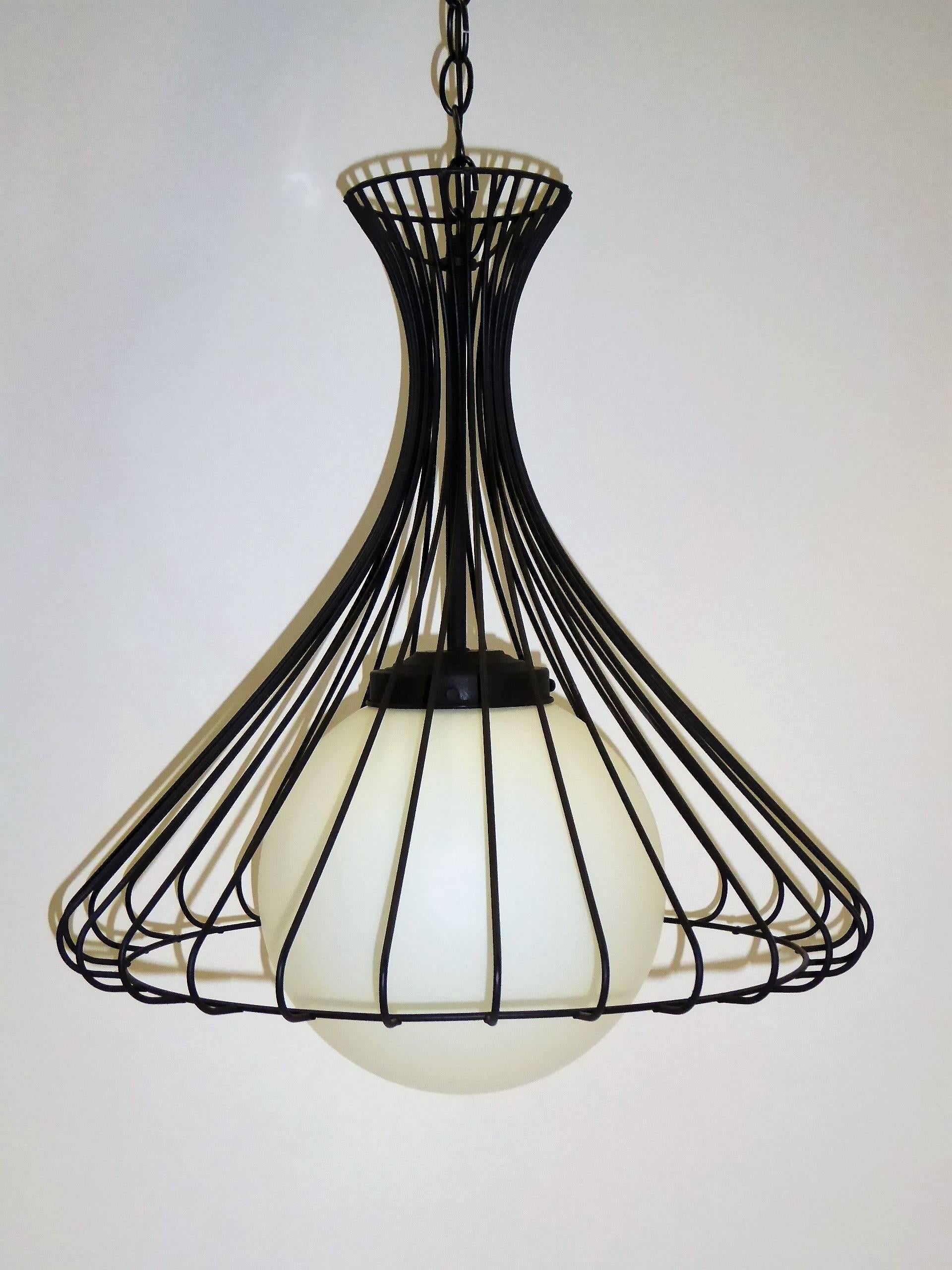 1950s Satin Glass Globe Chandelier with Sculptural Steel Wire Bell In Excellent Condition In Miami, FL