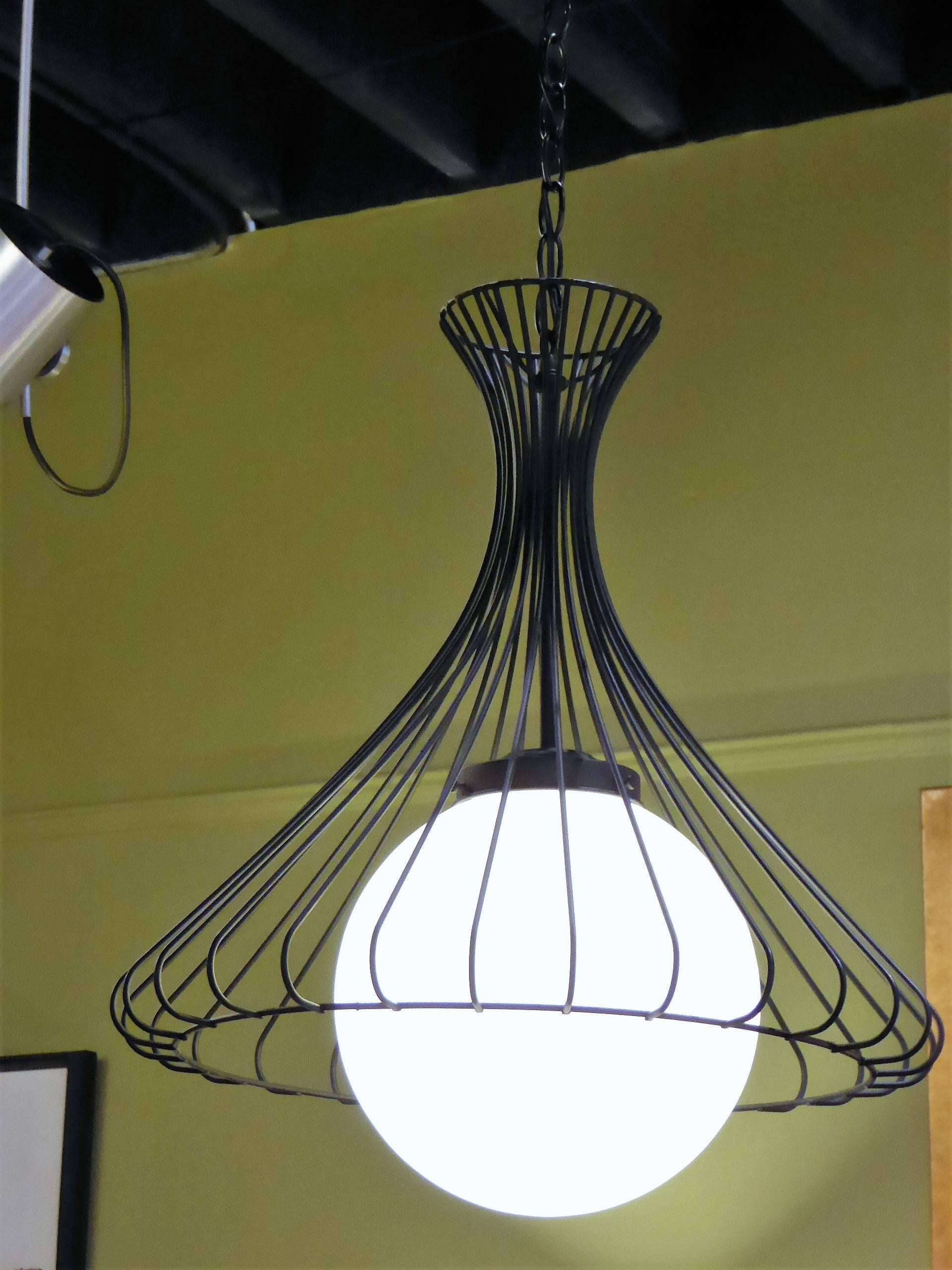 Mid-20th Century 1950s Satin Glass Globe Chandelier with Sculptural Steel Wire Bell