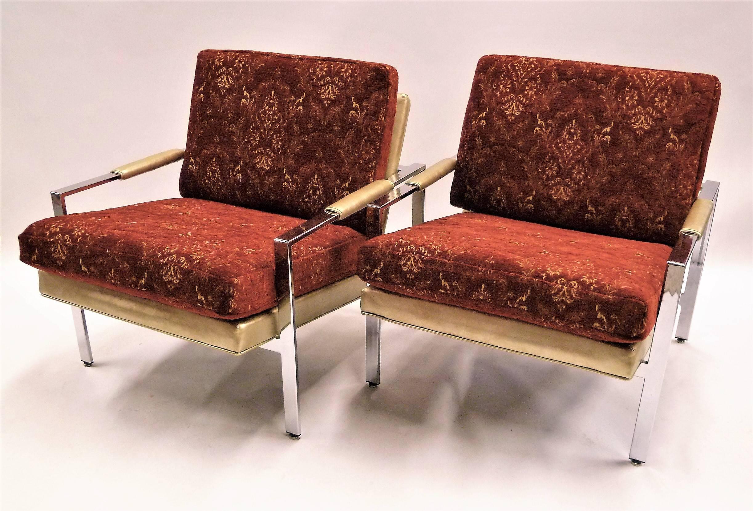 Mid-Century Modern Pair of 1960s Milo Baughman Lounge Chairs for Thayer Coggin Gold Red and Chrome