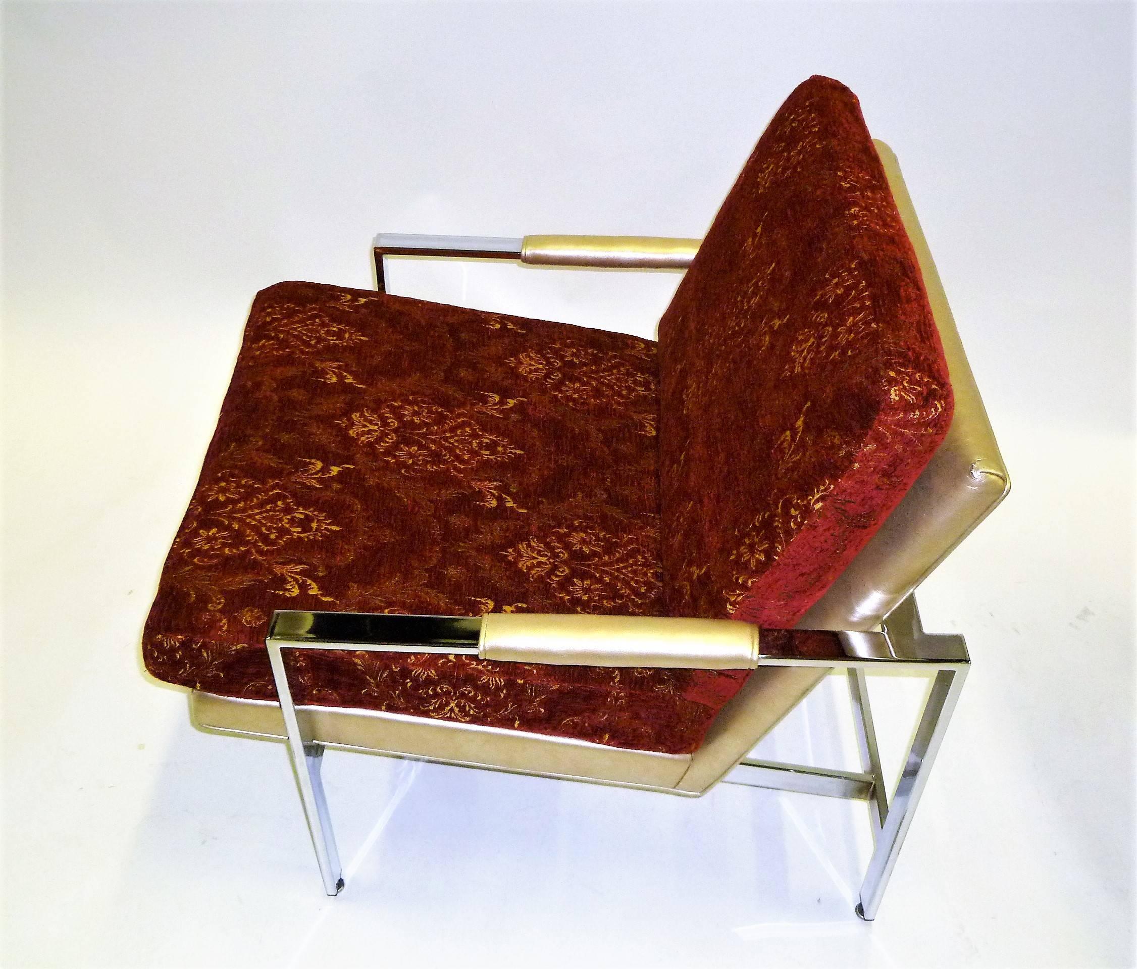 Chenille Pair of 1960s Milo Baughman Lounge Chairs for Thayer Coggin Gold Red and Chrome
