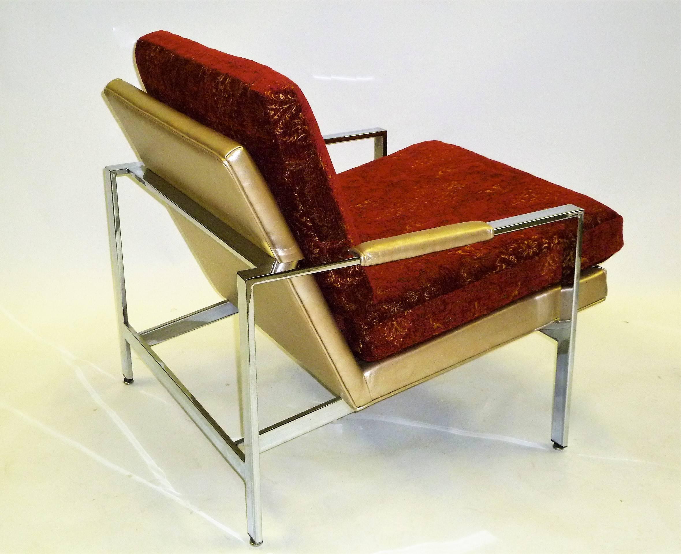 Mid-20th Century Pair of 1960s Milo Baughman Lounge Chairs for Thayer Coggin Gold Red and Chrome