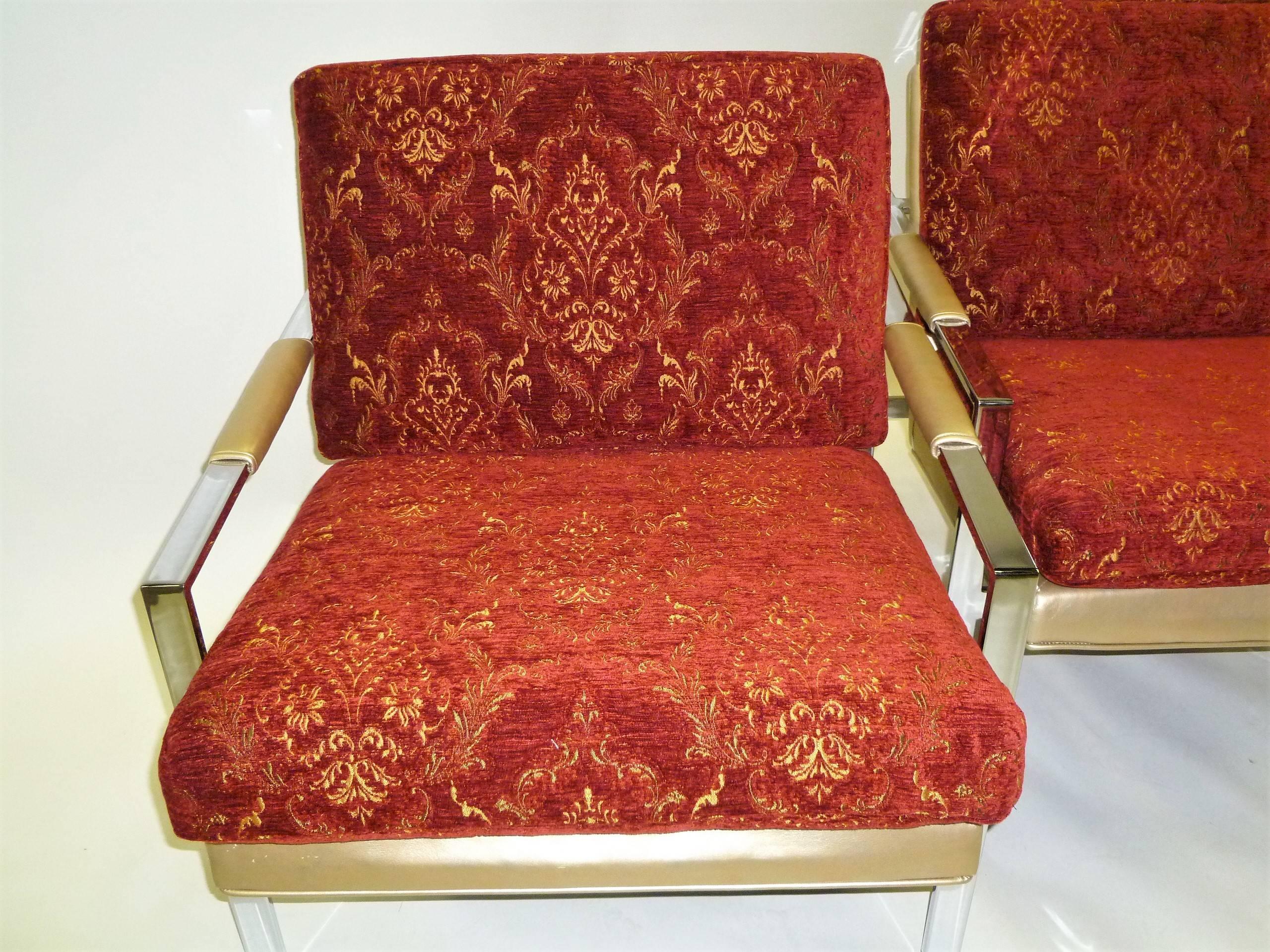 American Pair of 1960s Milo Baughman Lounge Chairs for Thayer Coggin Gold Red and Chrome