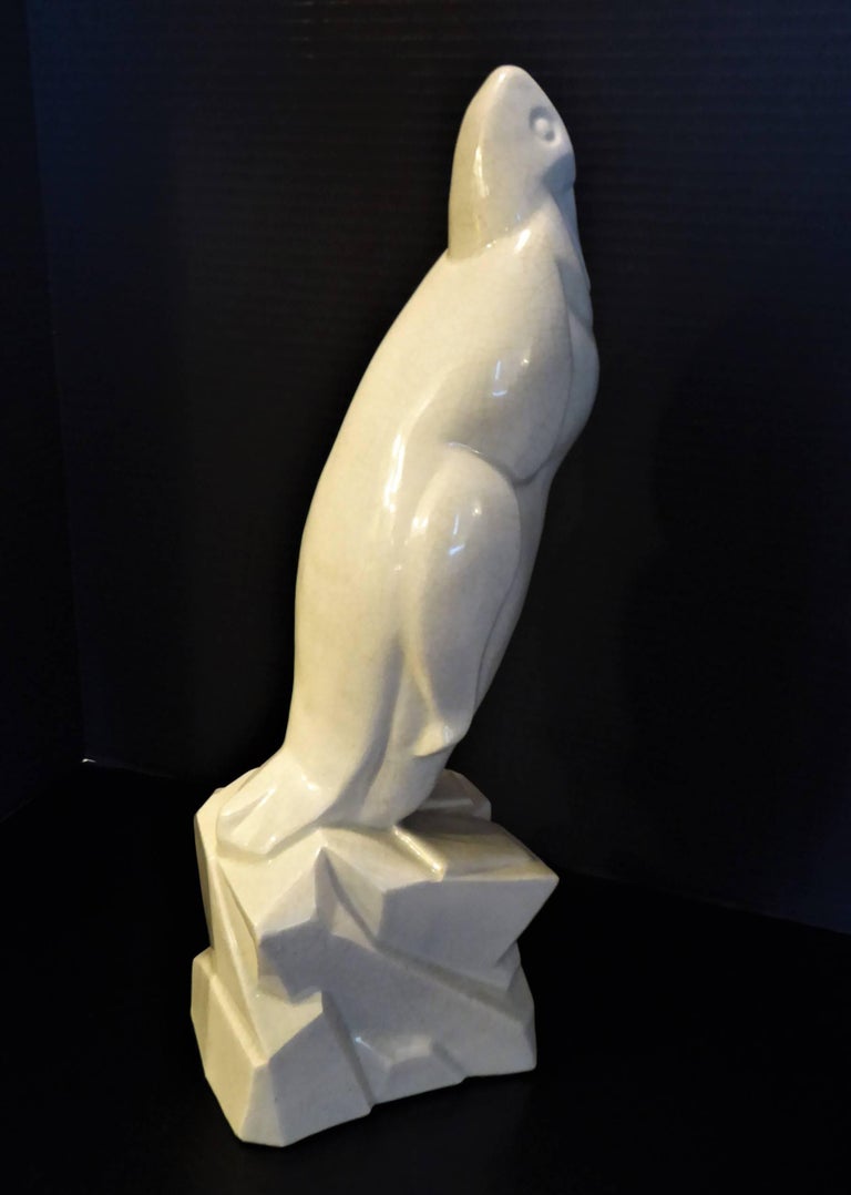 Mid-20th Century 1930s Tall Art Deco Geo Conde Penguin in Crackle Glaze Ceramic, France For Sale