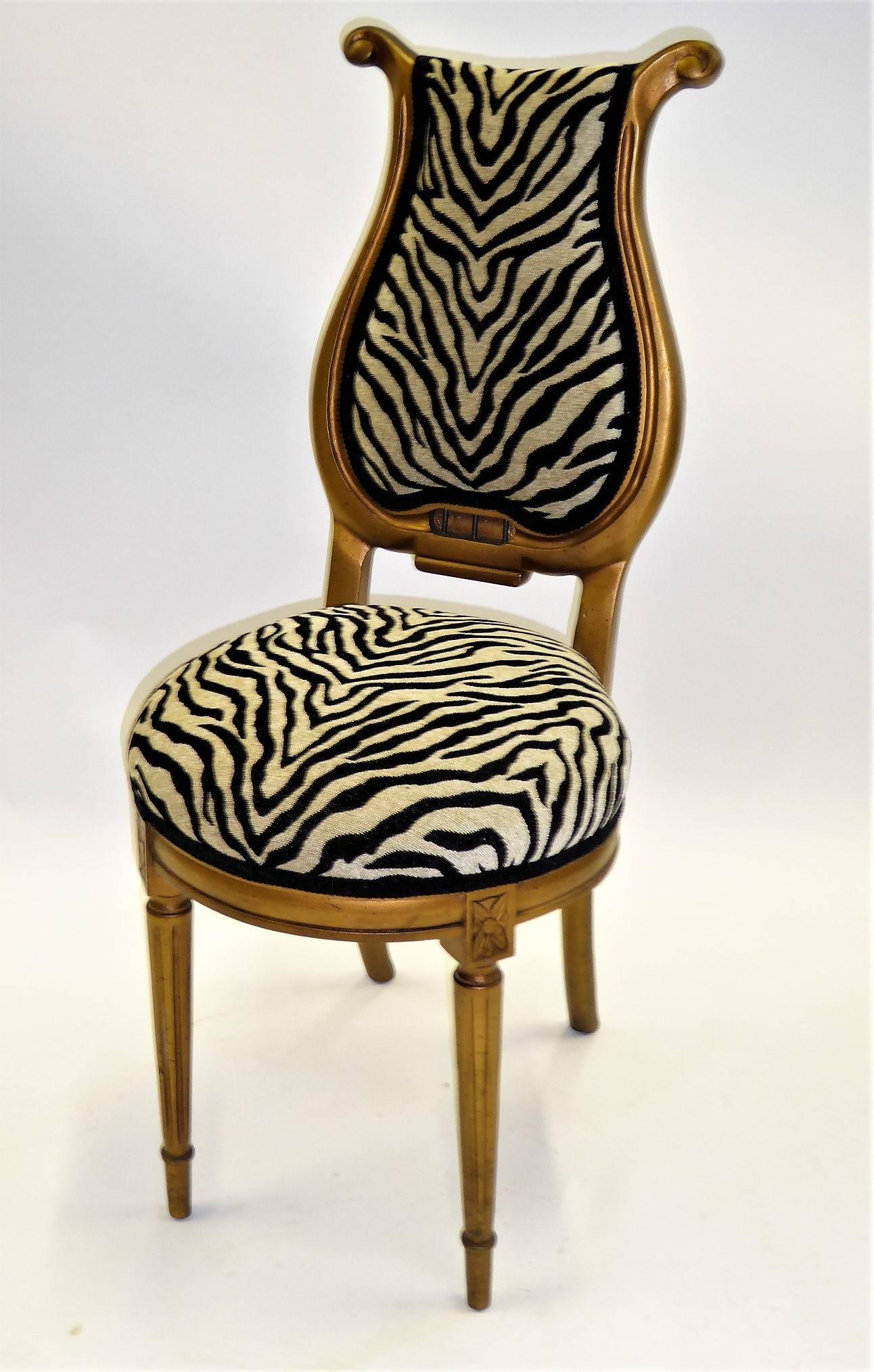 1940s Musical Motif Carved Giltwood Side Chair in Zebra Chenille 4