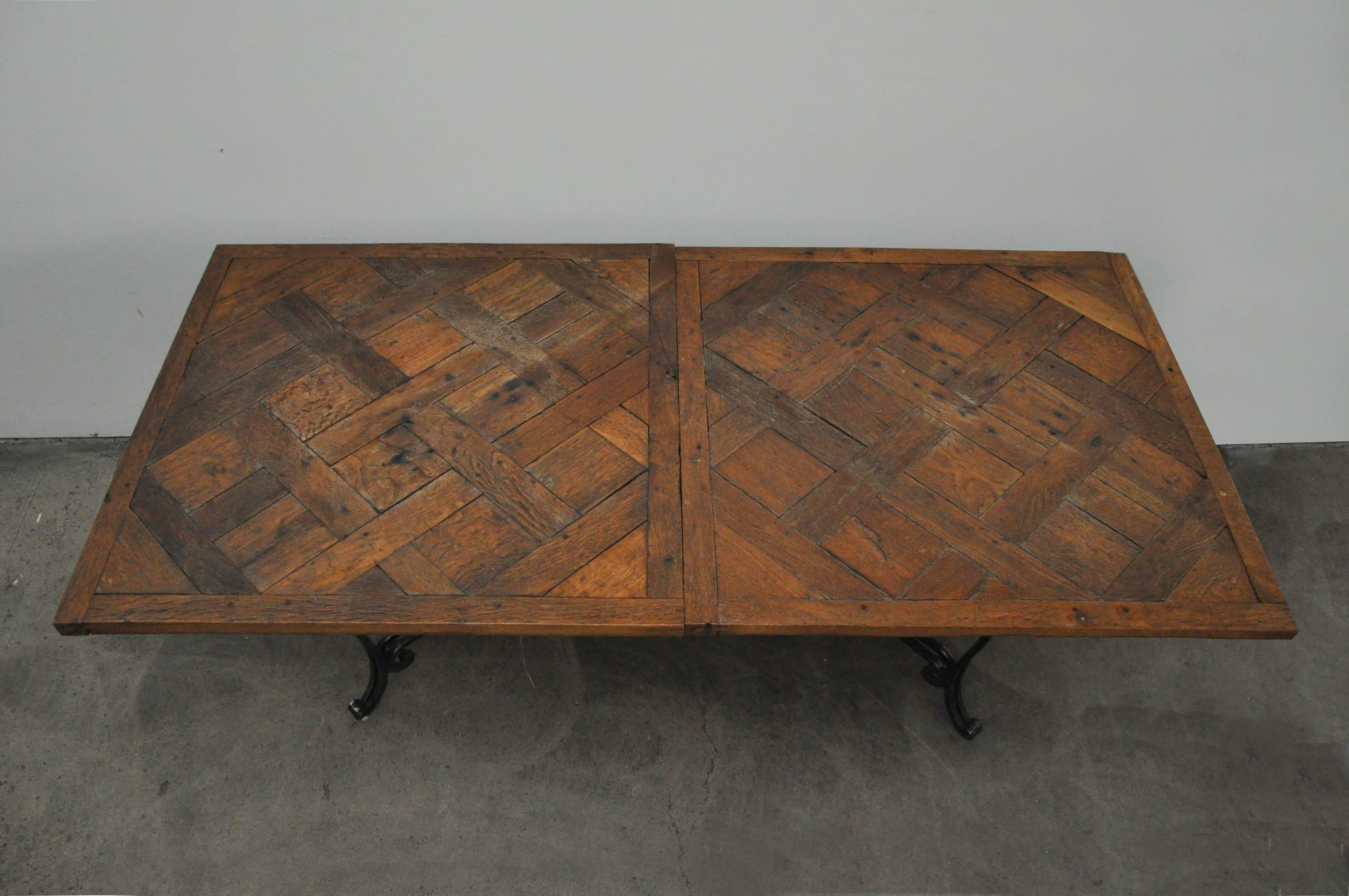 French wood parquet top table. New base 1850 top, 2000 base.