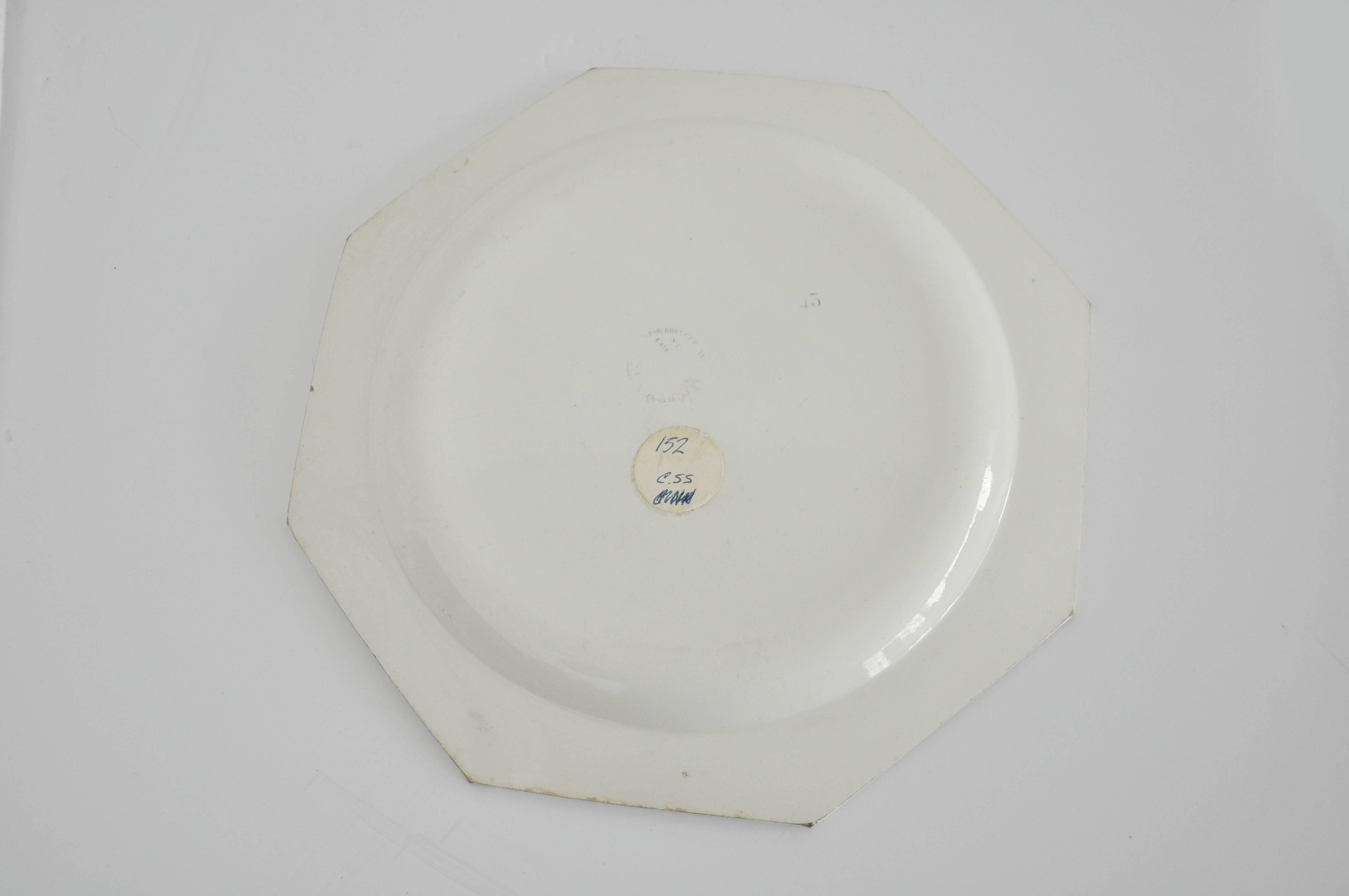 Transferware octogon shaped plate. Aging to paint, no chips, 1860.