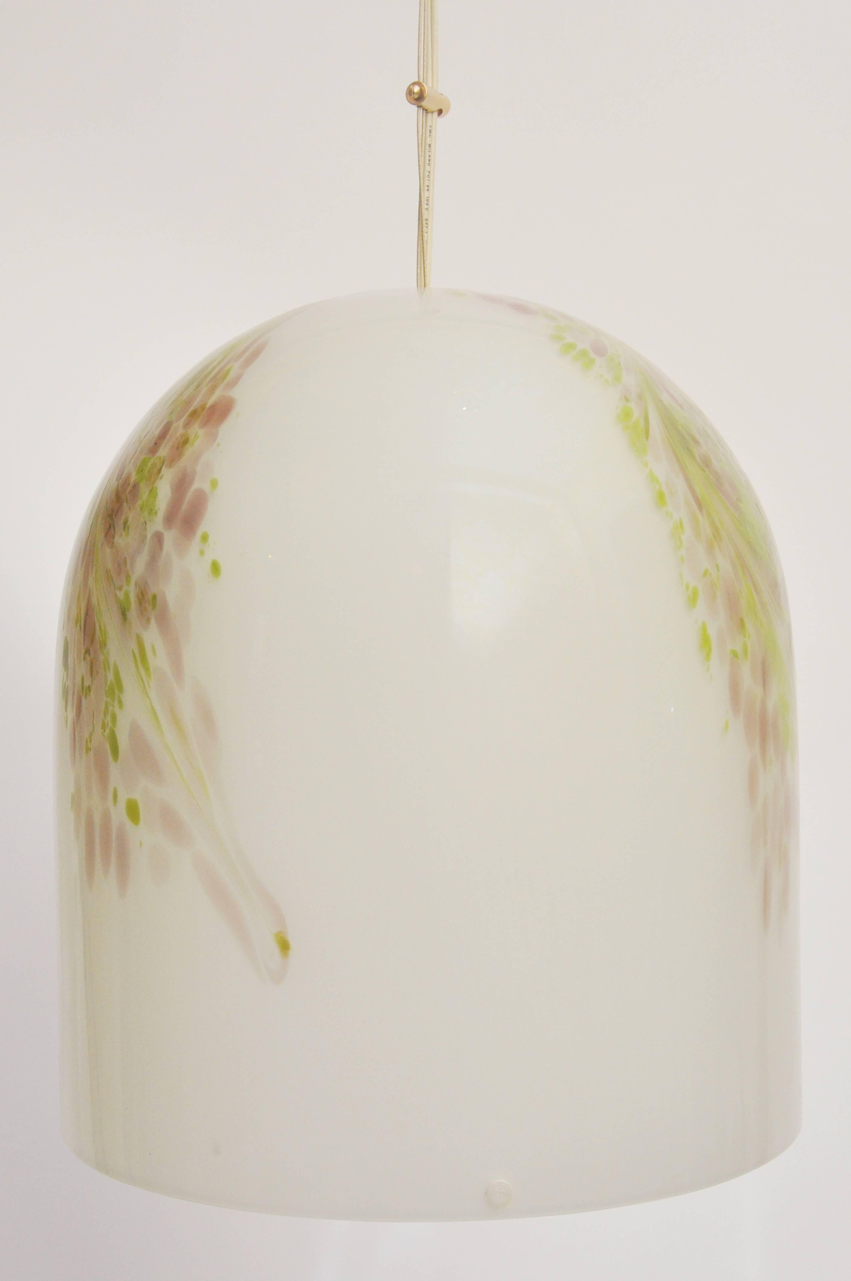 Bell shaped Murano glass shade. White with pale purple and green design. Hangs on a very long wire that is adjustable. The wire is 36" long. The glass globe is 14" height and 14" diameter. Fixture has original bright brass canopy.