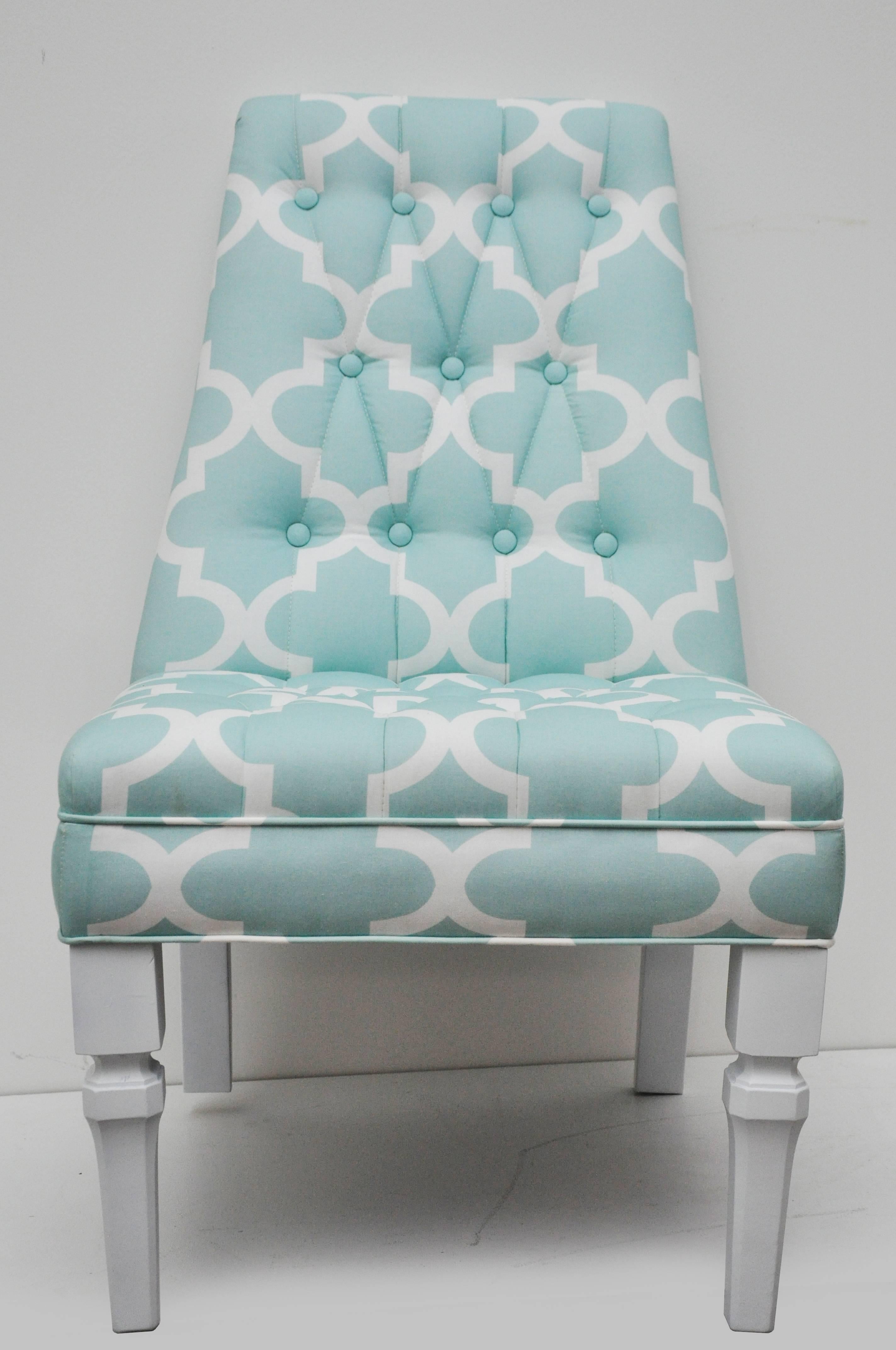 Mid-20th Century Vintage Moroccan Style Pr of Turquoise/White Upholstered Chairs For Sale