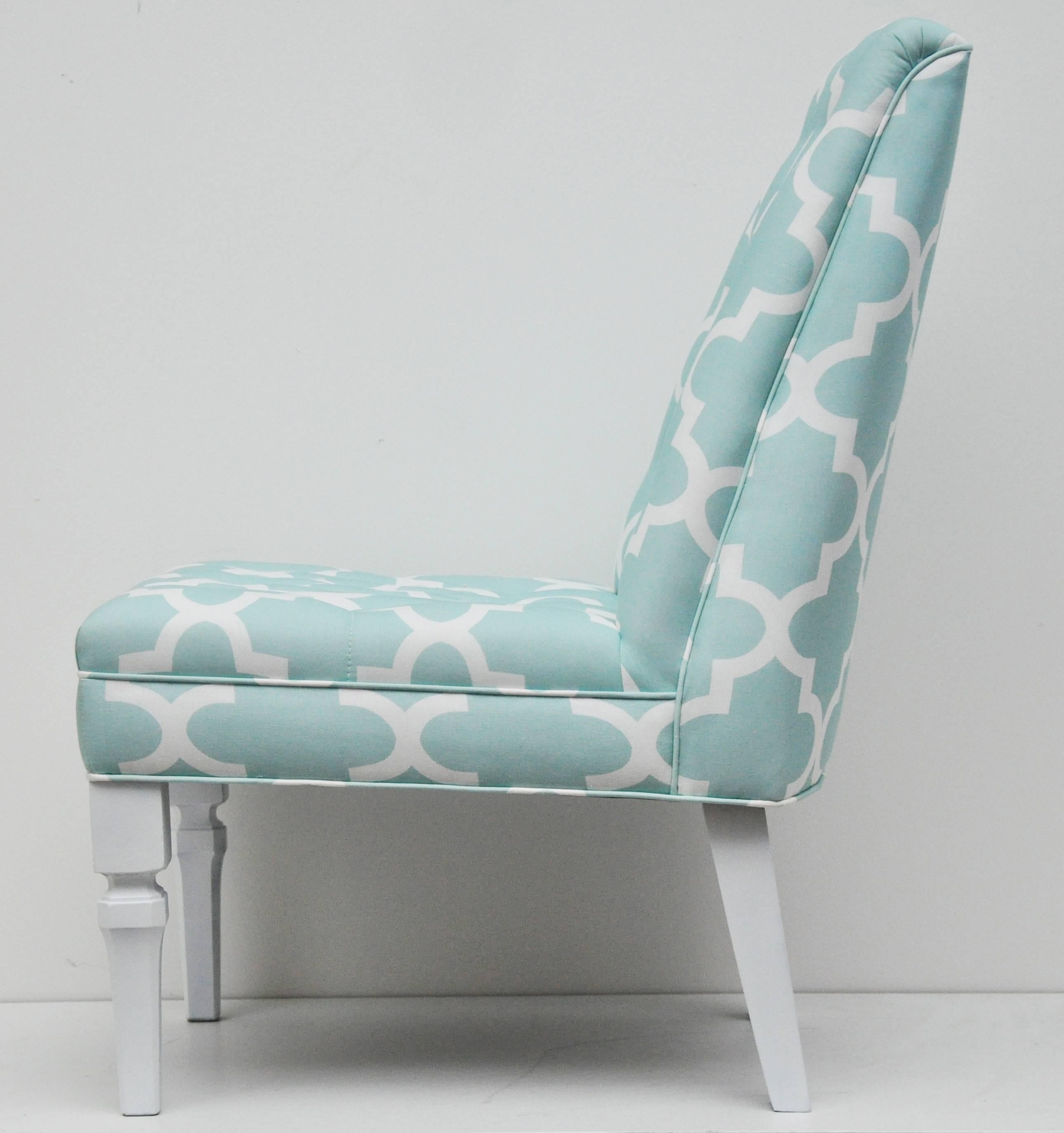 Vintage Moroccan Style Pr of Turquoise/White Upholstered Chairs For Sale 1