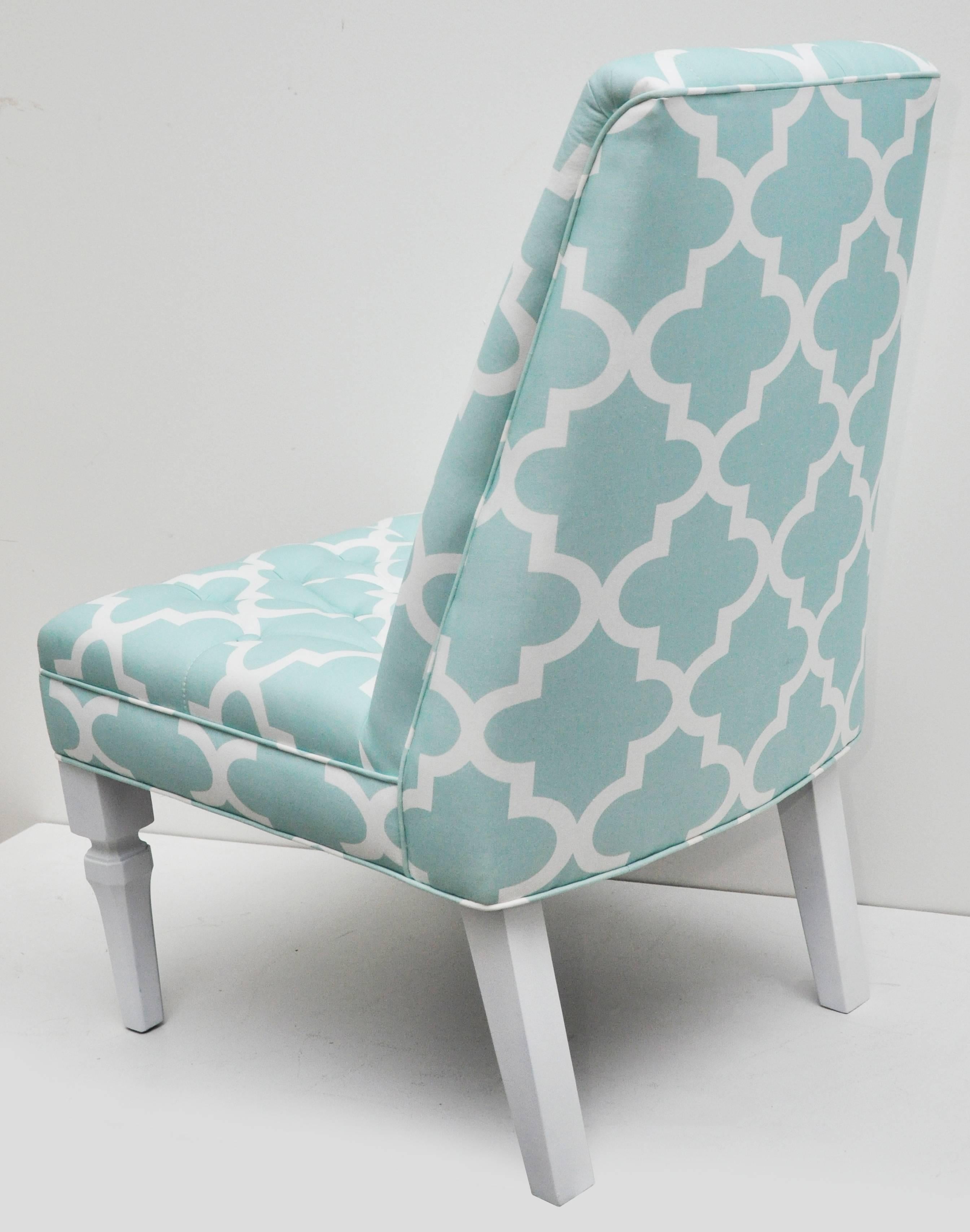 Vintage Moroccan Style Pr of Turquoise/White Upholstered Chairs For Sale 2